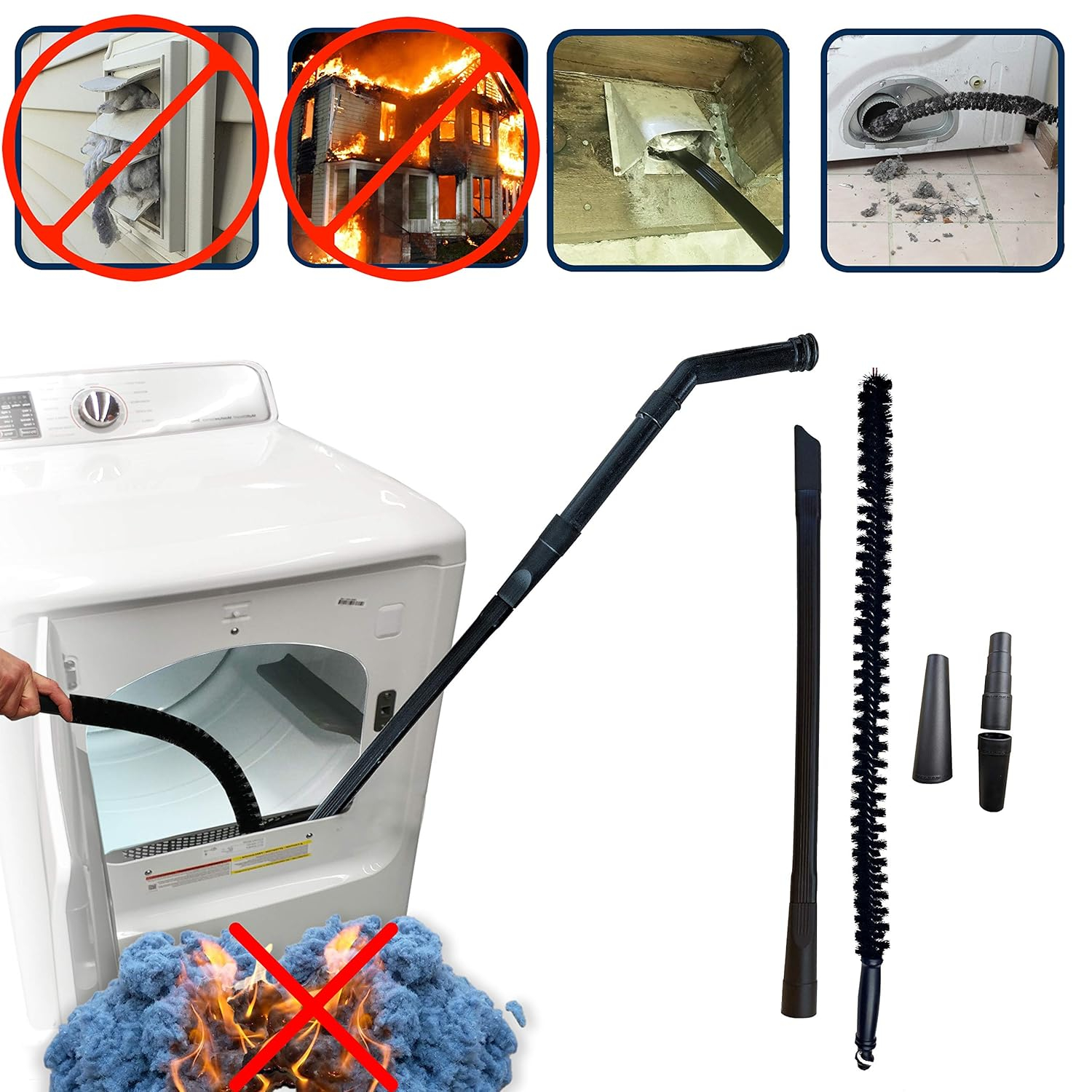 Vacuum Attachment for Dryer Vent, Crevice Cleaning Tool for Clothes Dryer with Lint Trap Brush and Flexible Hose. Duct Cleaner Kit. Designed by Dryer Vent Cleaning Technicians.