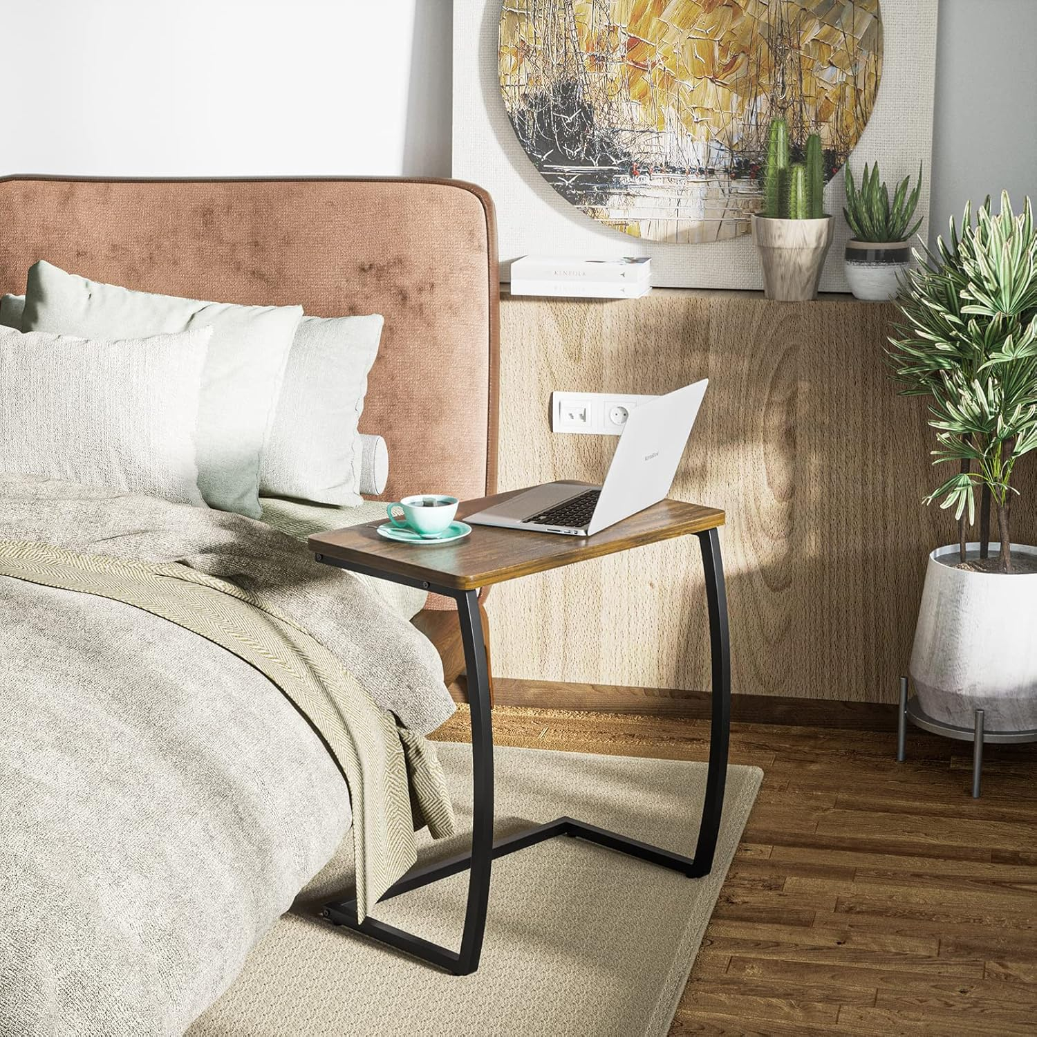SRIWATANA Side Table, End Table, Vintage C-Shaped Couch Table for Sofa Laptop Coffee Snack, Walnut