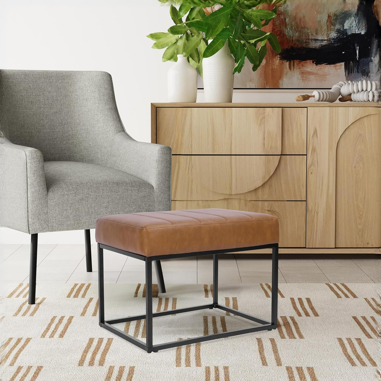 HomePop Theodore Channel Tufted Small Ottoman - Carmel Faux Leather