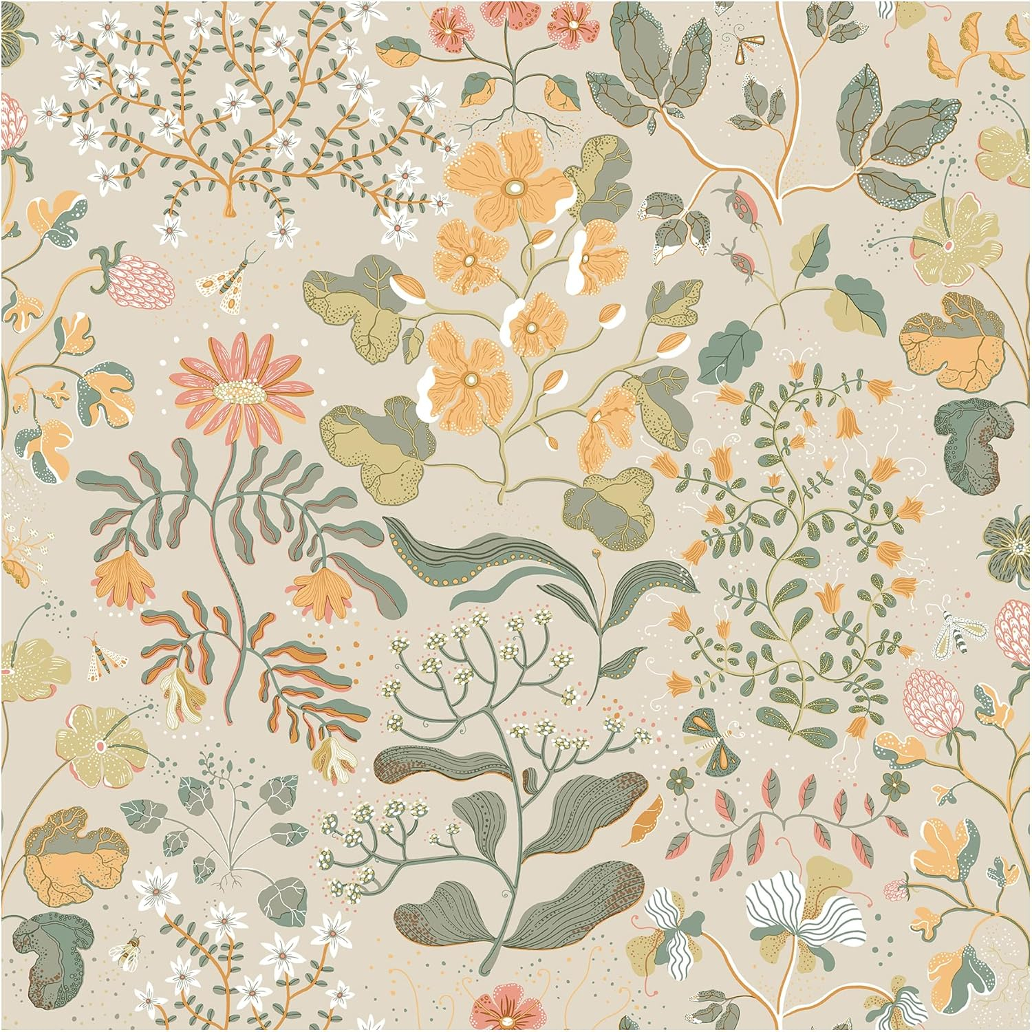 Apricot and Teal Scandinavian Floral Non-Woven Wallpaper Roll
