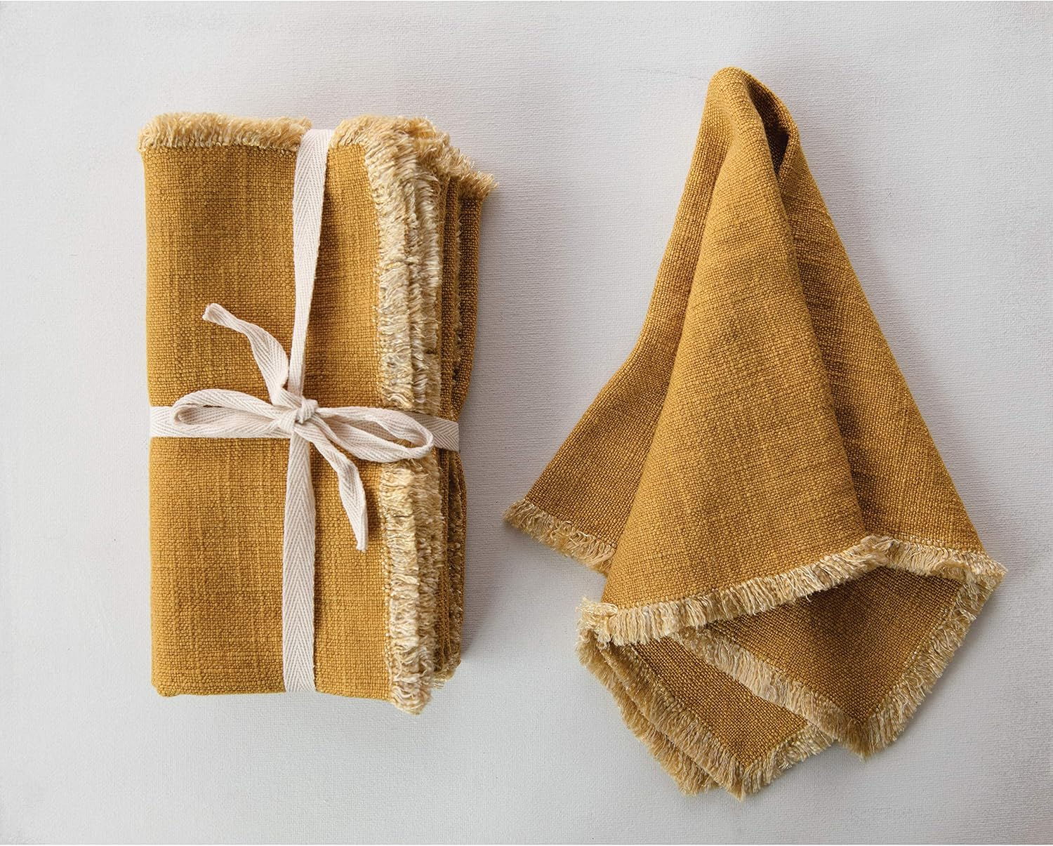 Creative Co-Op Mustard Square Linen Blend Fringe Trim (Set of 4) Napkin