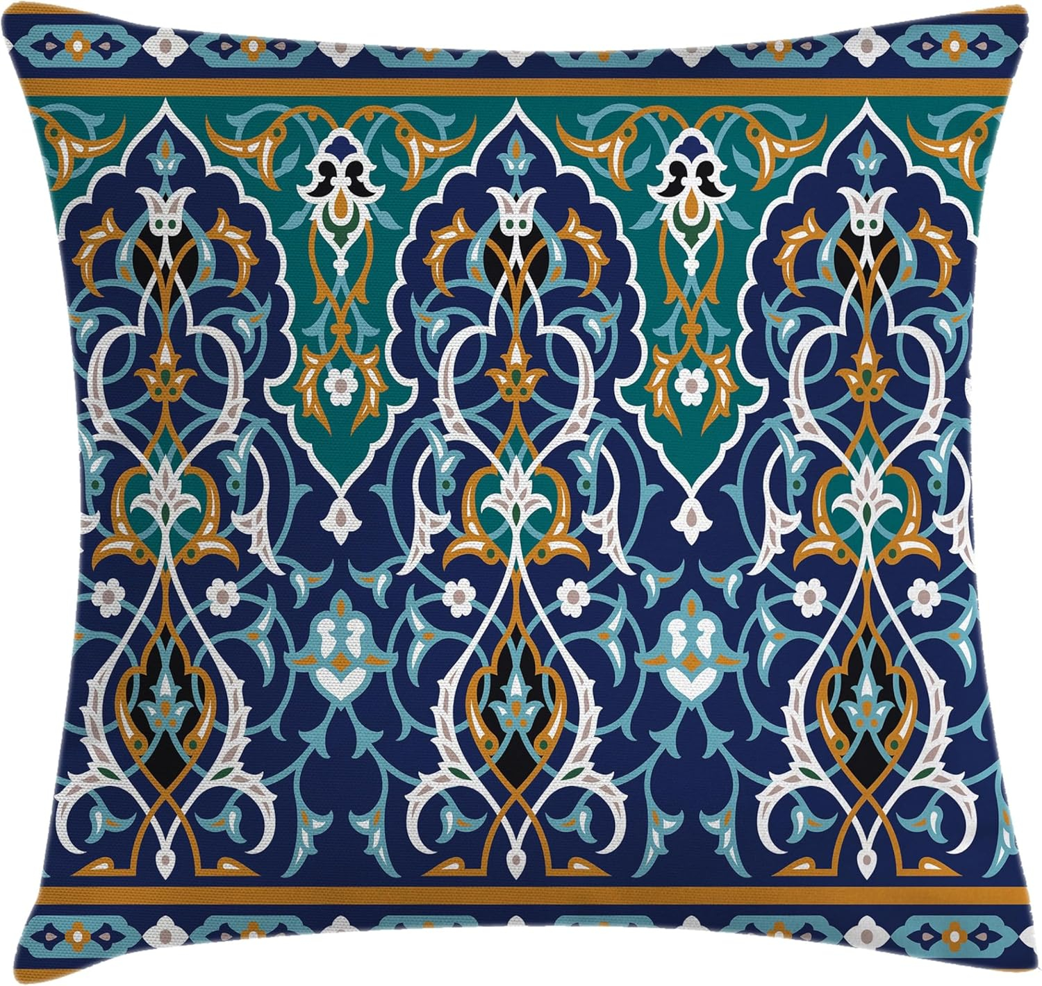 Moroccan Throw Pillow Cushion Cover, Ethnic Oriental Figure Petals Hippie Vintage Tribal Mosaic Design, Decorative Square Accent Pillow Case, 24 X 24 Inches, Blue Mustard, by Ambesonne