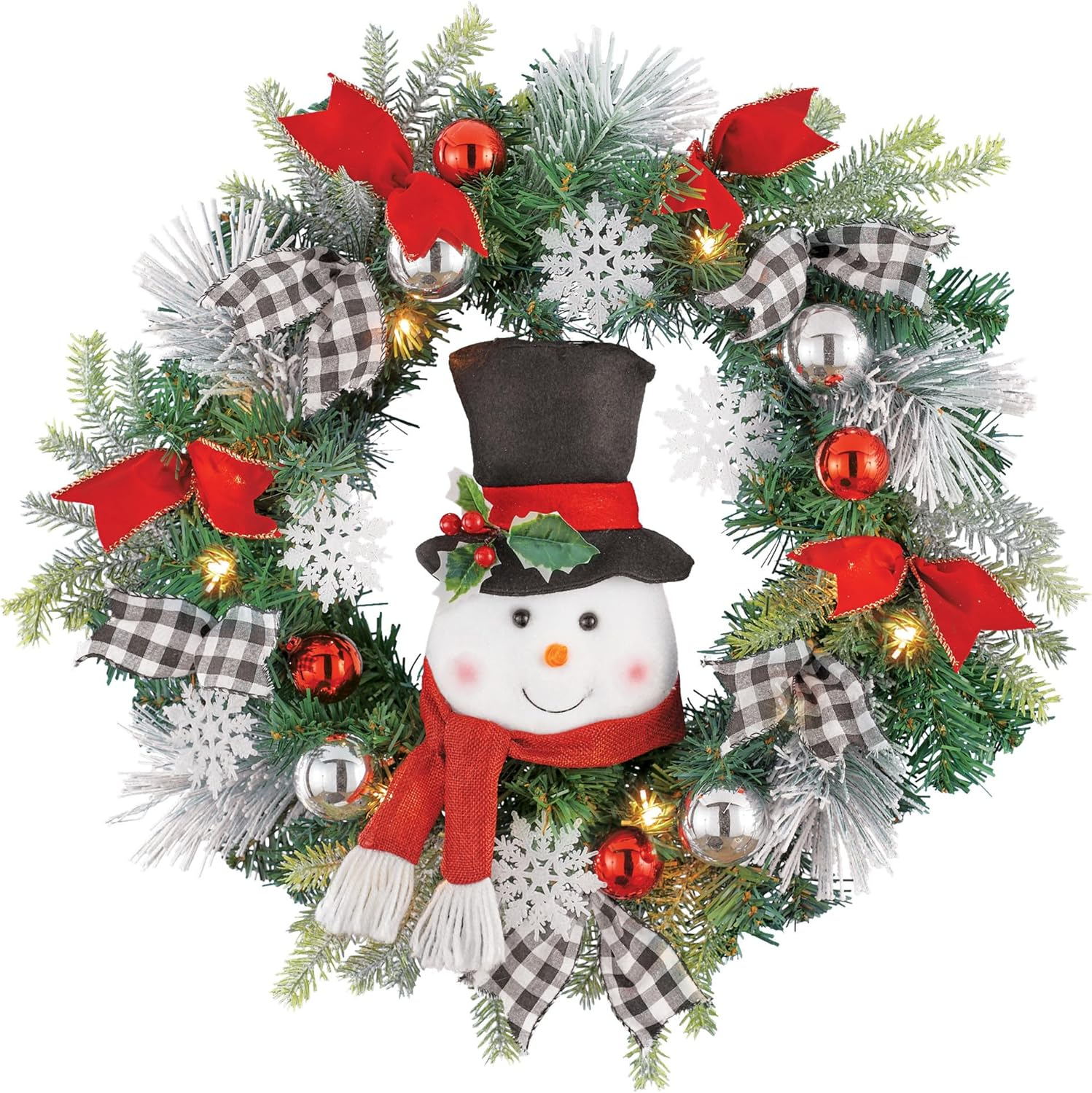 Collections Etc LED Lighted Winter Snowman Wreath with Black/White Buffalo Check Bows Green