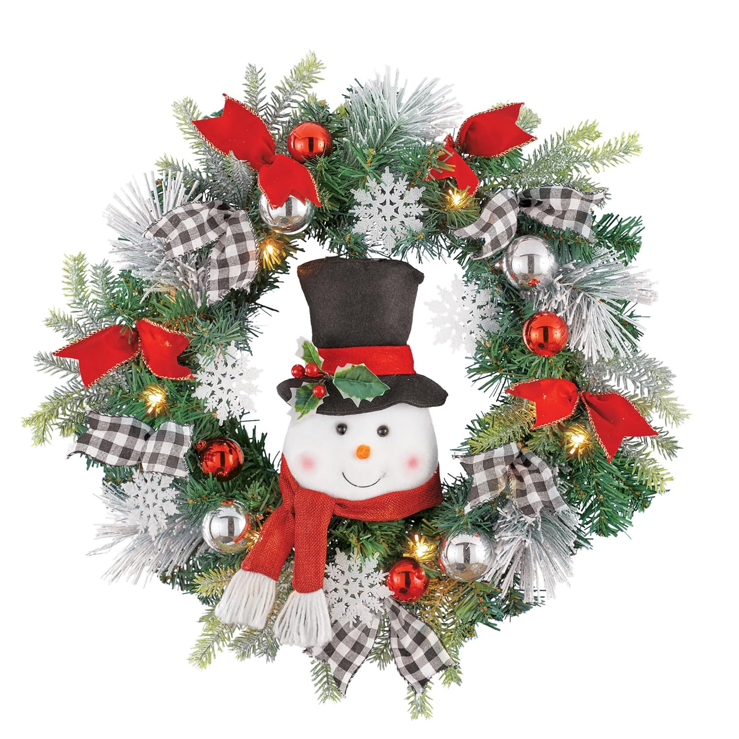 Collections Etc LED Lighted Winter Snowman Wreath with Black/White Buffalo Check Bows Green