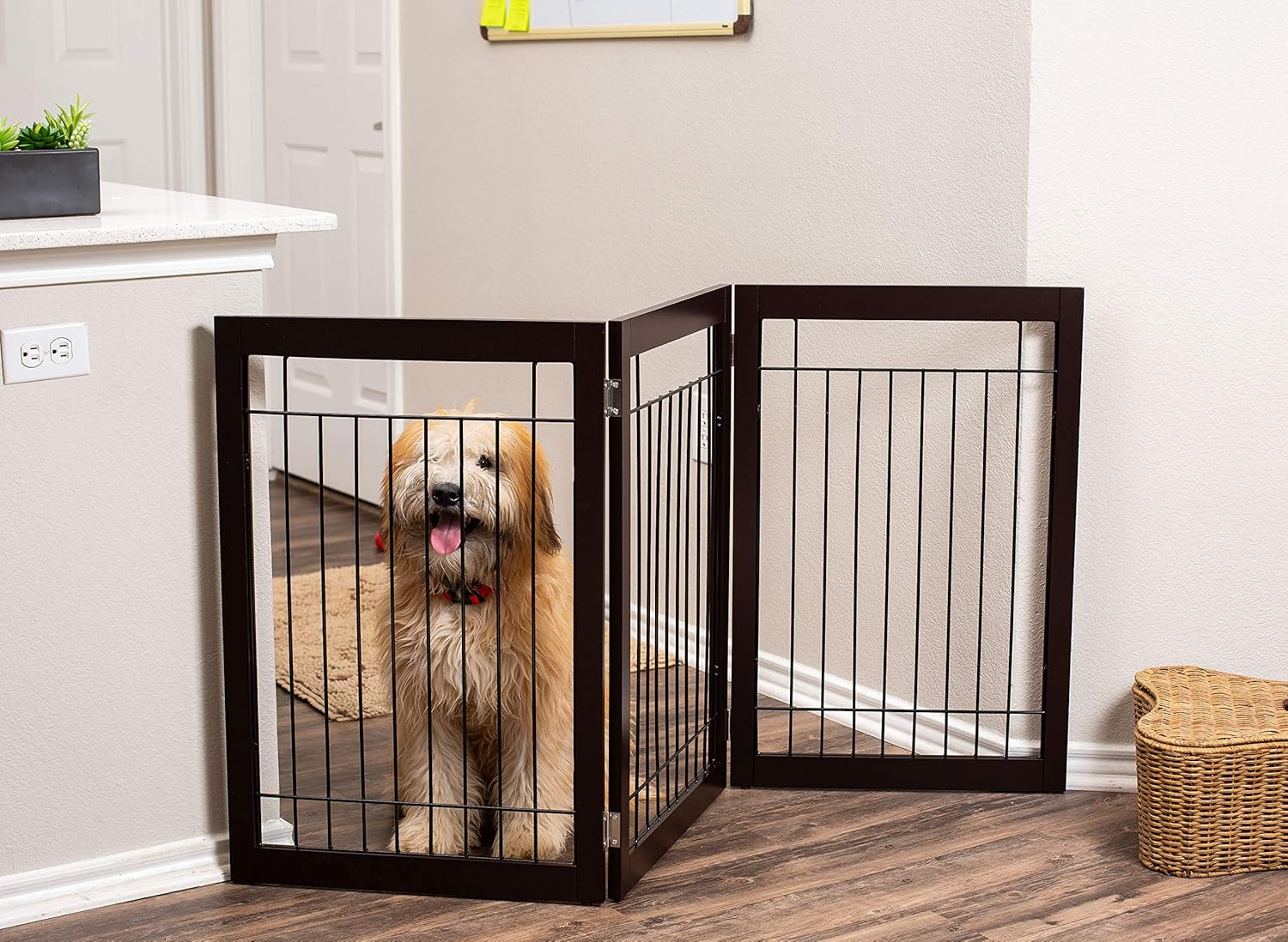 Espresso Freestanding 3-Panel Dog Gate with Wire Mesh