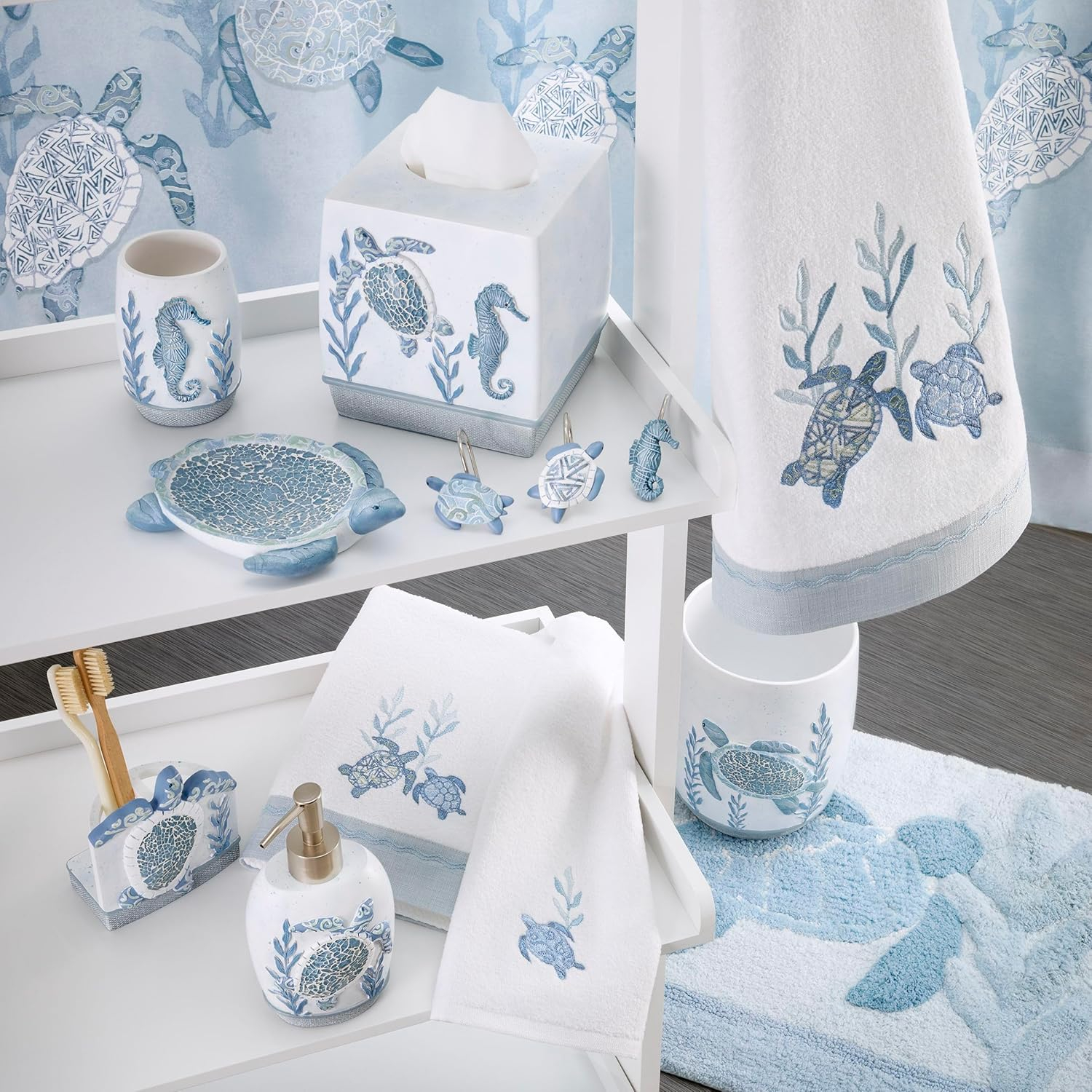 Hand-Painted Blue and White Resin Sea Life Shower Hooks Set