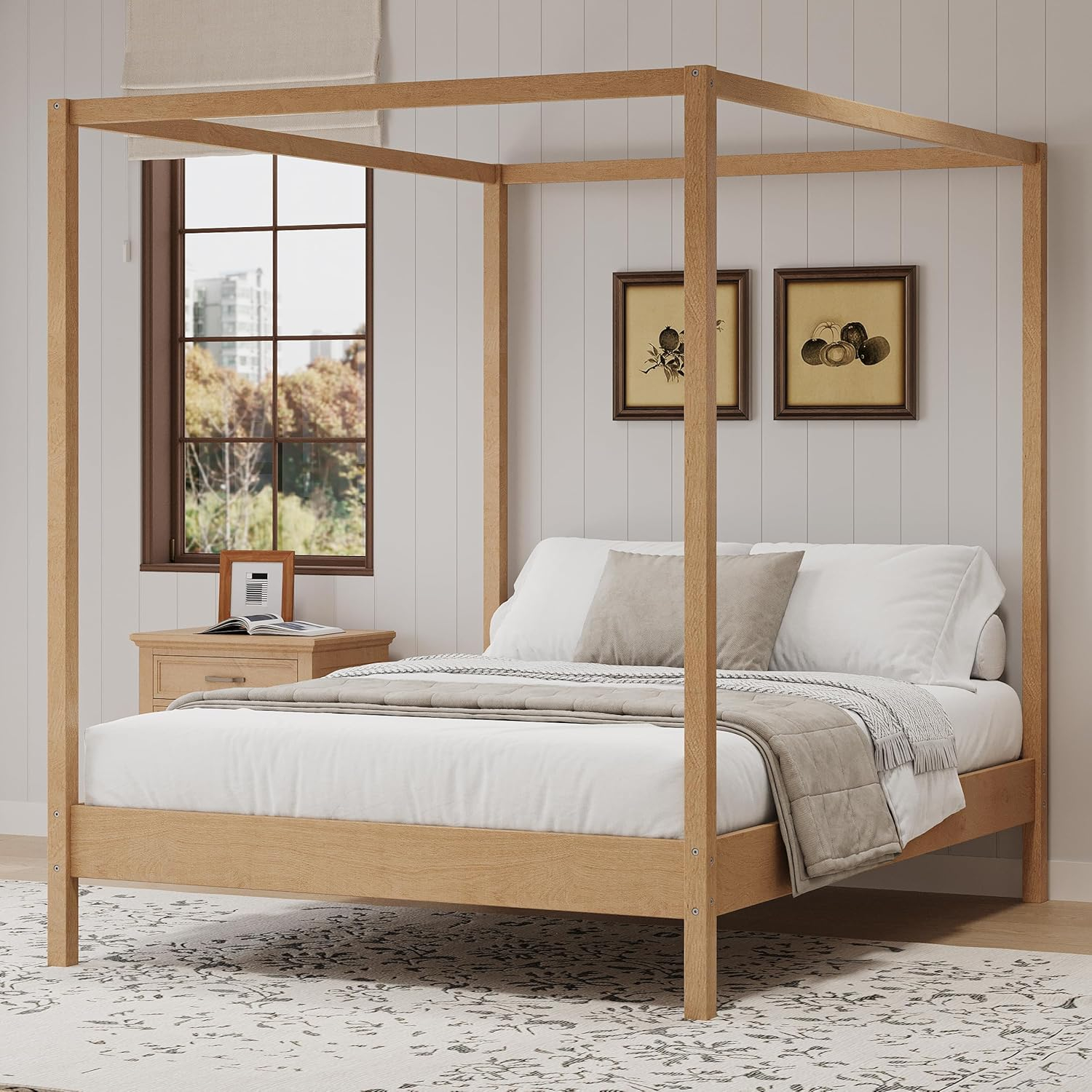 King Size Canopy Bed Wood 4 Poster Bed Frame with Slats Support, No Box Spring Needed (King)