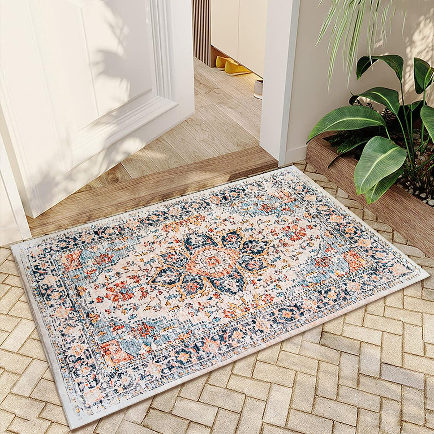 VK VK·LIVING 9x12 Area Rug Washable Rugs for Living Room Rug Vintage Design Boho Rug with Non Slip Living Room Rug Bedroom Carpet Stain Resistant, Home Decor, Blue&Orange