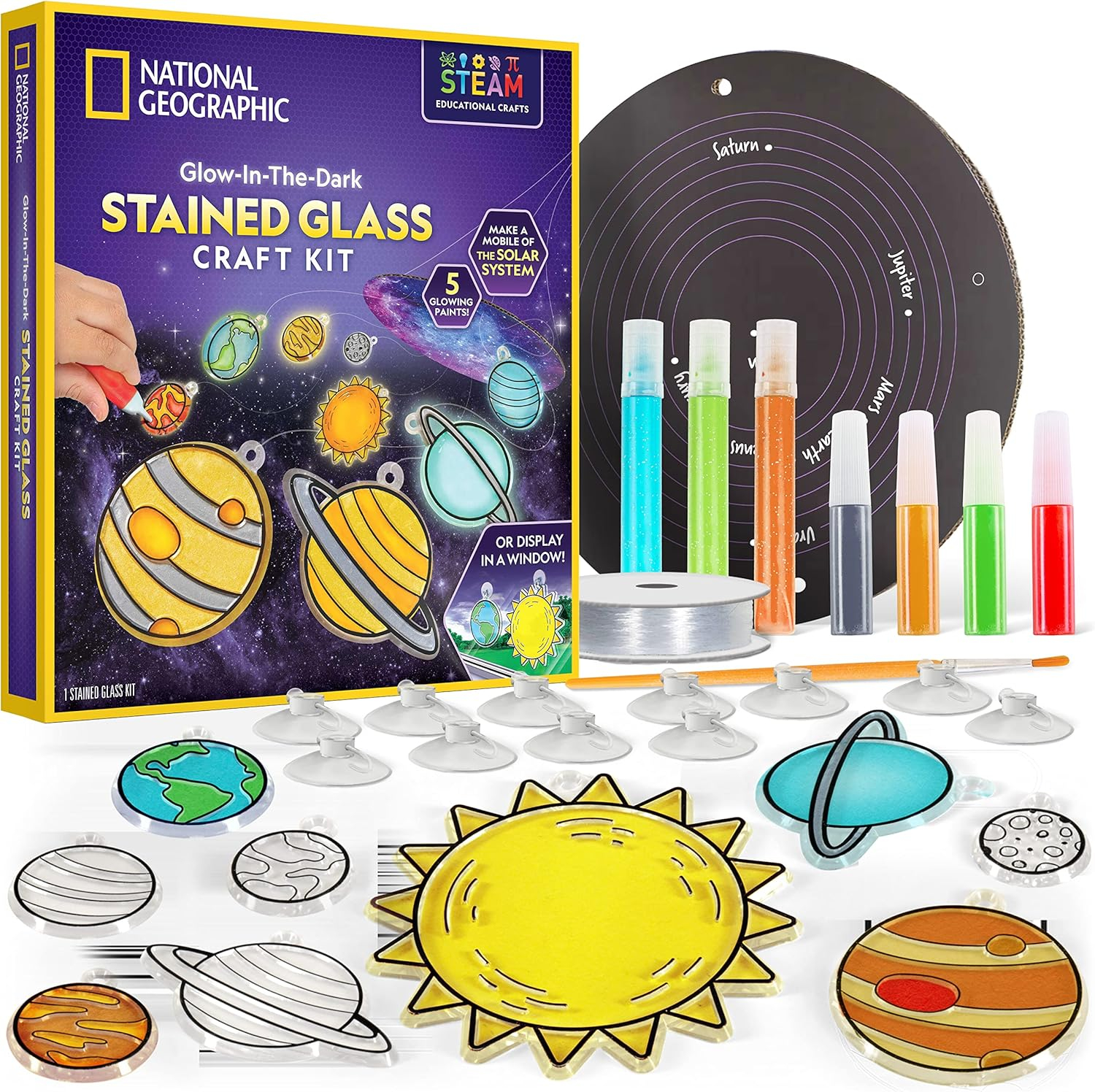 NATIONAL GEOGRAPHIC Kids Window Art Kit - Stained Glass Solar System Arts & Crafts Kit with Glow in The Dark Planets, Use as Window Suncatchers, Hanging Decor from Ceiling, Mobile, Space Room Dcor