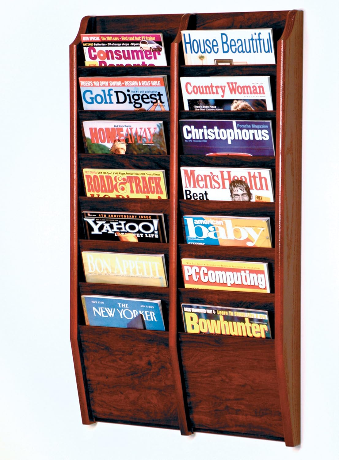 Wooden Mallet 14 Pocket wall Mount Magazine Rack in Mahogany