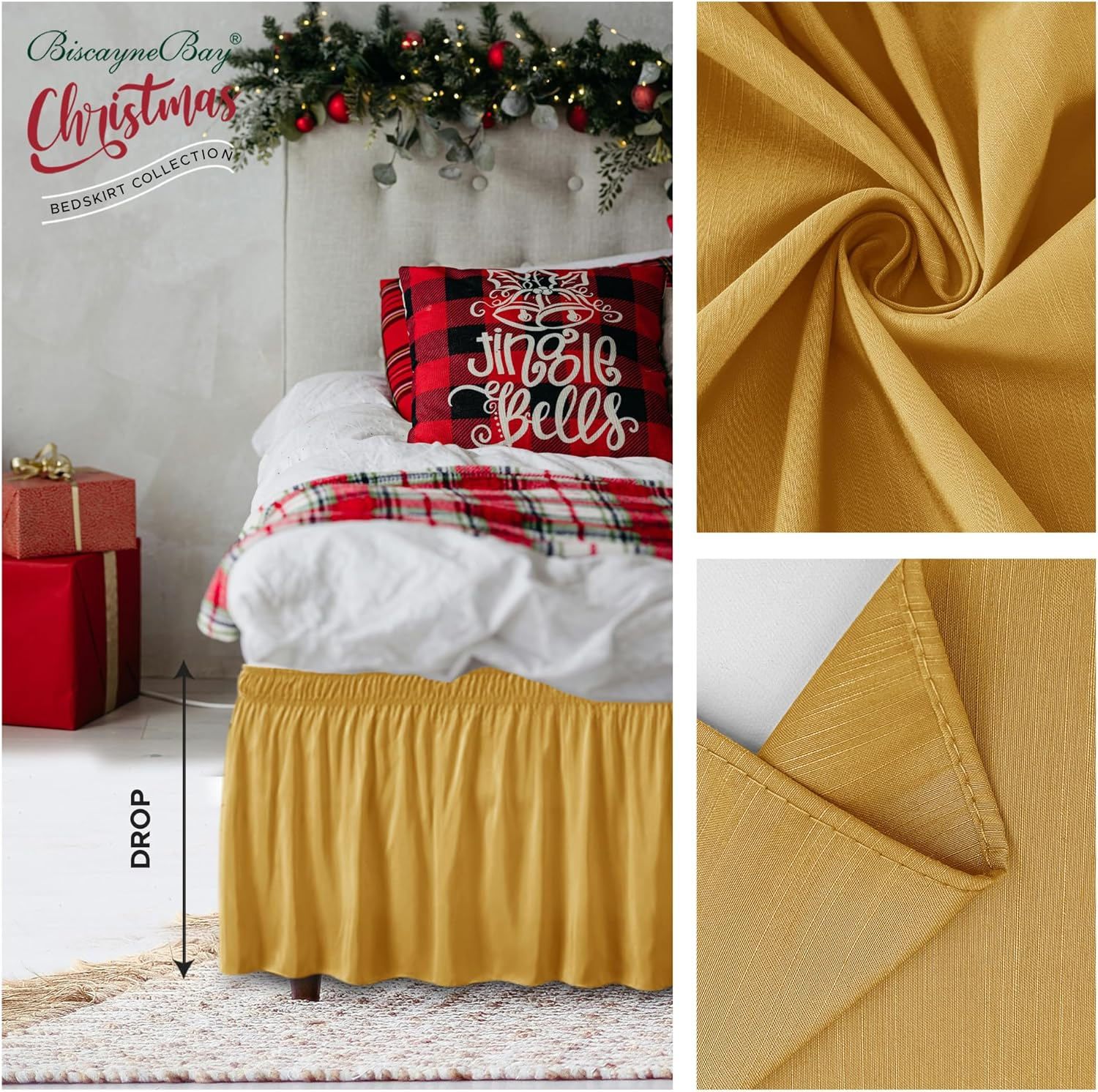 Biscaynebay Wrap Around Bed Skirts, Gold for Queen Size Beds 15 Inches Drop, Elastic Dust Ruffles, Easy Fit Wrinkle & Fade Resistant Silky Luxurious Fabric