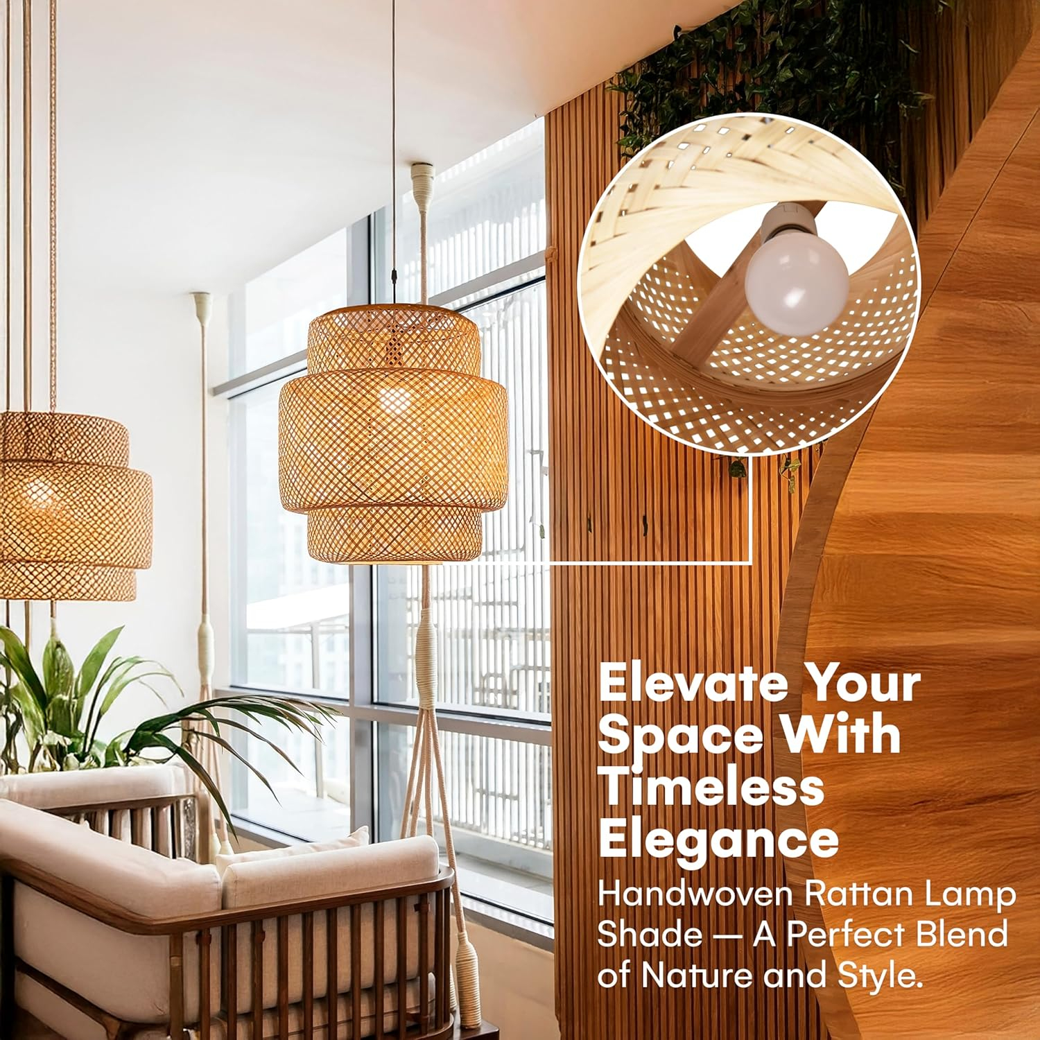 Hand Woven Rattan Lamp Shade - Bamboo Pendant Lights - Elegant Hanging Light Chandelier - Natural Boho Lighting Fixture - Dome Lamp Shade for Kitchen Island, Dining and Living Room - 14.96x15.71''