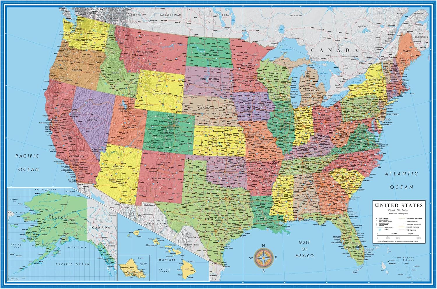 Laminated 50" x 32" United States Wall Map Poster with 3D Relief