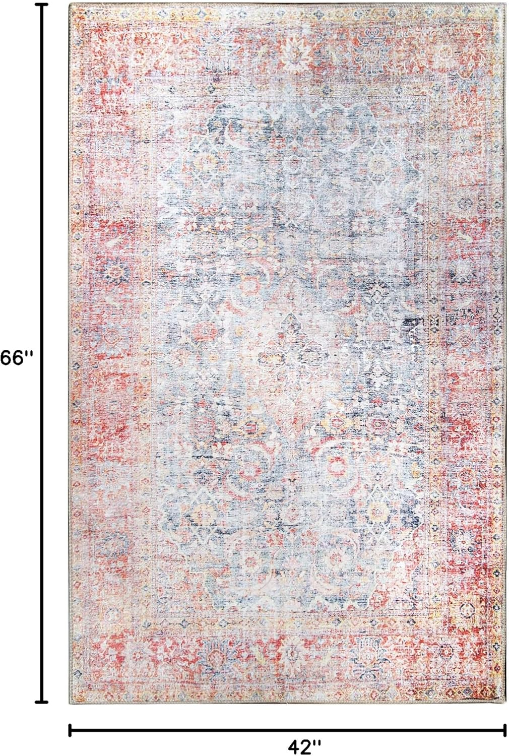 Superior Large Indoor Area Rug, Modern Floor Decor, Living/Dining Room, Kitchen, Entry, Distressed Floral, Geometric Medallion, Cotton Backing, Huda Collection, 3' 6" x 5' 6", Ruby Red