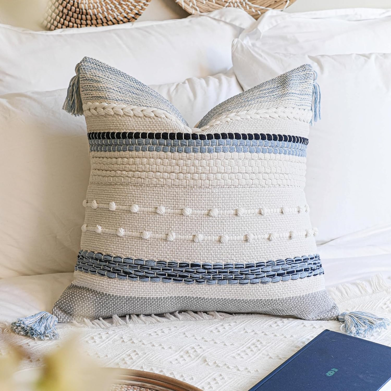 Coastal Blue Boho Decorative Throw Pillow Cover 20x20 Modern Bohemian Accent Pillow Case Square Woven Textured Farmhouse Pillows for Couch Bed (Pack of 1)