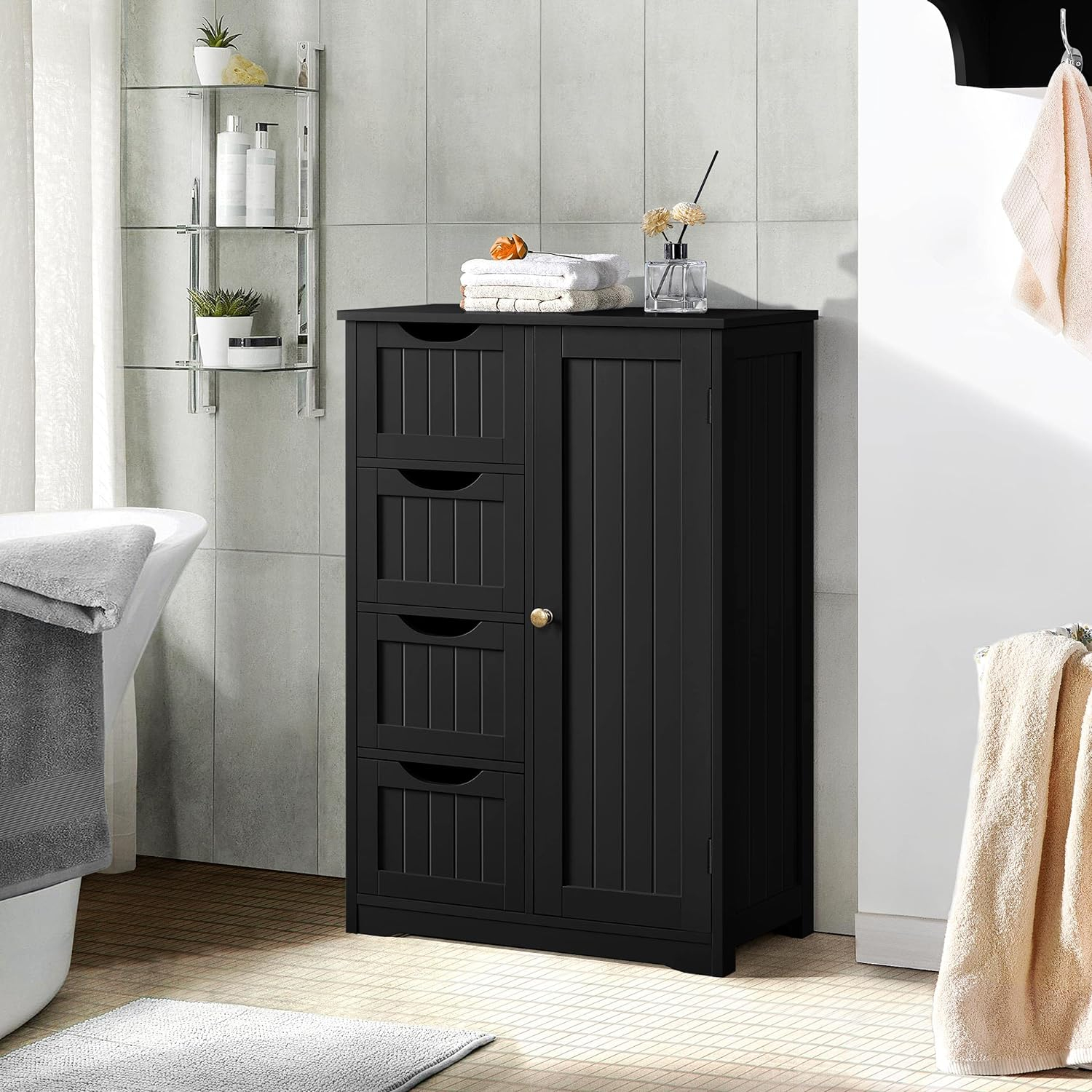 CodYinFI Wooden Bathroom Floor Cabinet, Free Standing Side Cabinet w/4 Drawers & 3 Tier Cupboard Storage Organizer Unit Hallway/Entryway Cabinet, Black