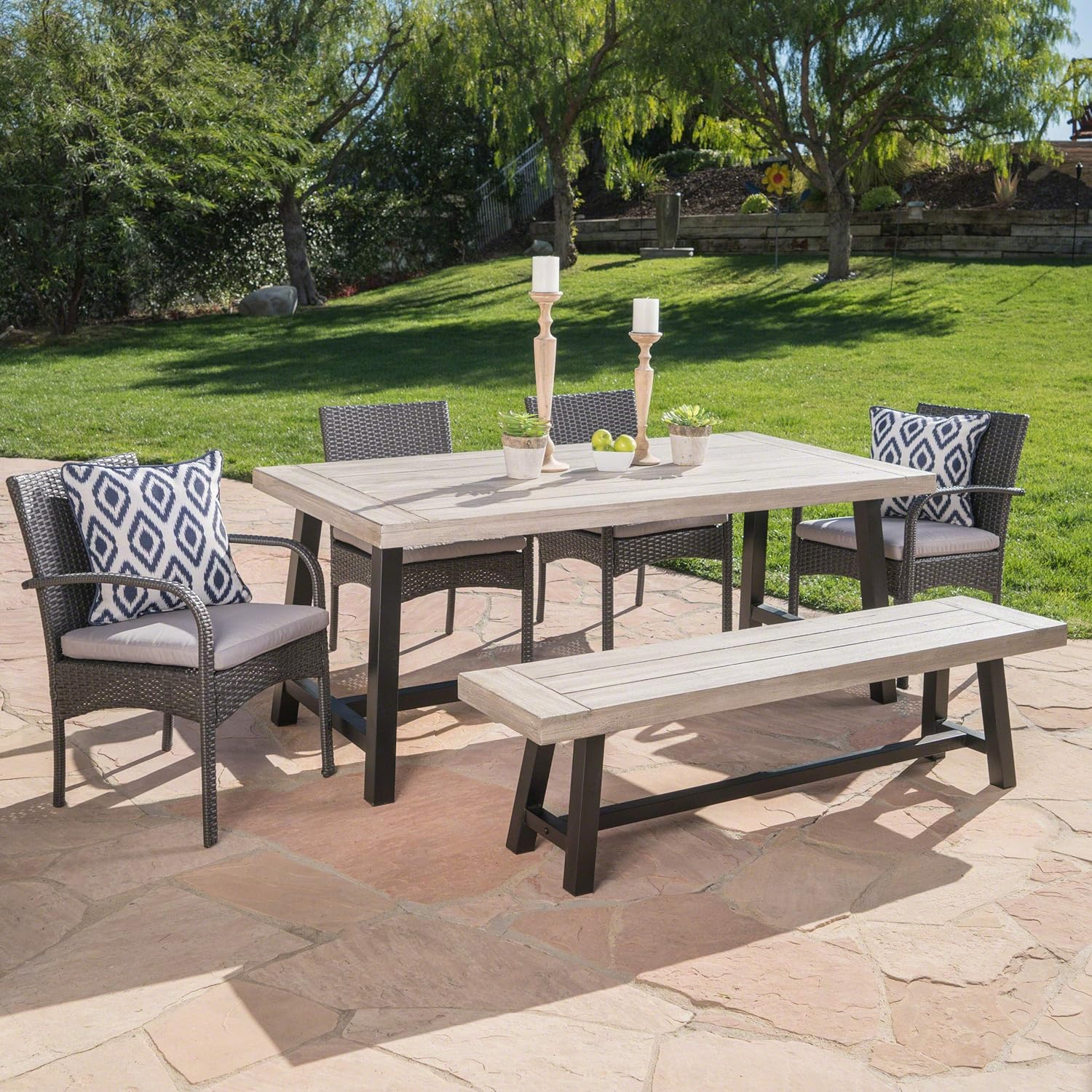 GDF Studio Triton Outdoor Acacia Wood and Wicker 6 Piece Dining Set with Bench, Light Gray Sandblasted and Gray