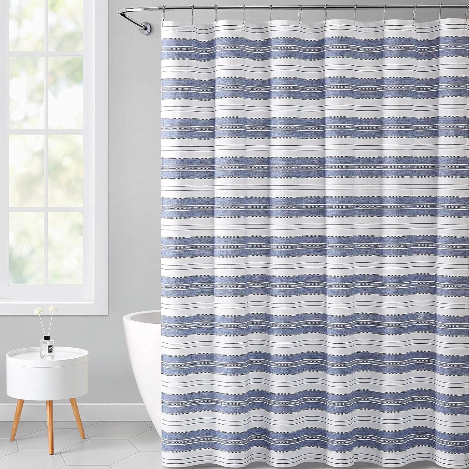 Serafina Home Nautical Striped Blue and White Fabric Shower Curtain: Chambray Cotton Luxury Hotel Detailed Eyelet Decorative Weave for Bathroom 72" x 72" (Denim Navy)