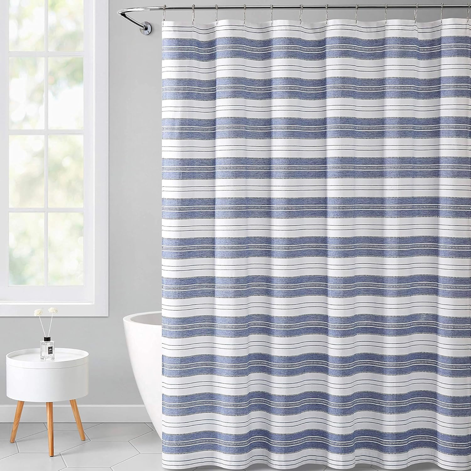 Serafina Home Nautical Striped Blue and White Fabric Shower Curtain: Chambray Cotton Luxury Hotel Detailed Eyelet Decorative Weave for Bathroom 72" x 72" (Denim Navy)