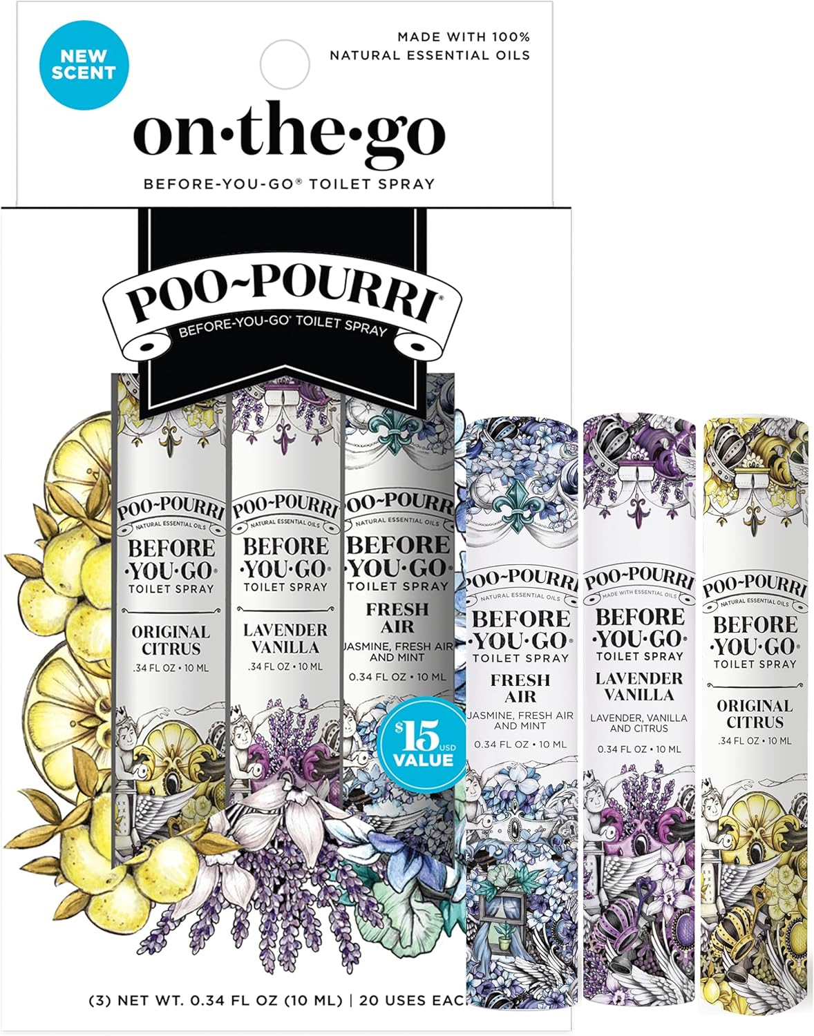 Poo-Pourri Before-You-Go Toilet Spray, On-The-Go, Travel Size Variety 10 mL - Original Citrus, Lavender Vanilla and Fresh Air