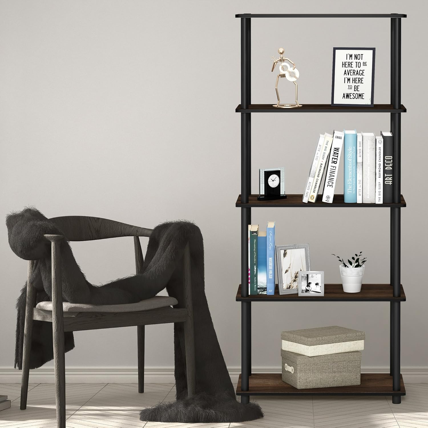 Furinno 23.6 W x 11.6 D x 57.4 H 5-Shelf Decorative Shelves, Brown and Black