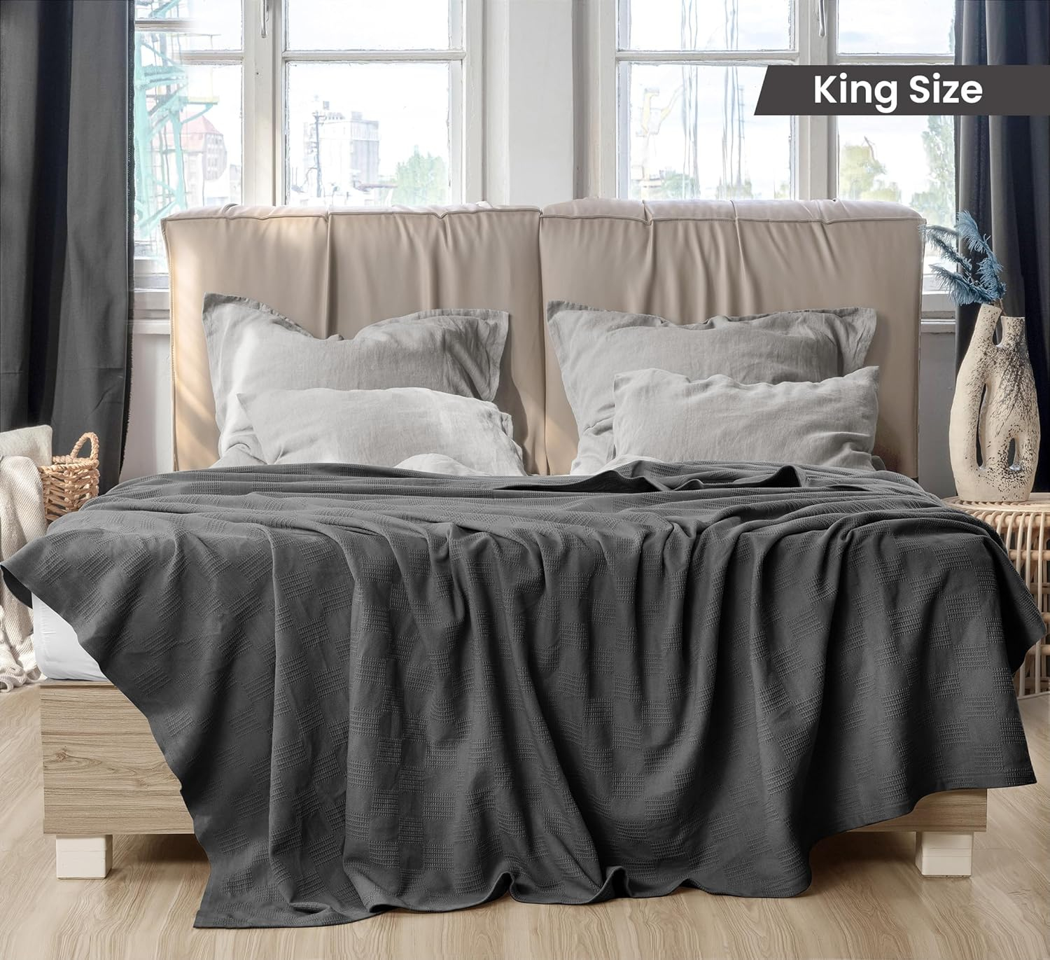 Utopia Bedding 100% Cotton Blanket (King Size - 90x108 Inches) 350GSM Lightweight Thermal Blanket, Soft Breathable Blanket for All Seasons (Smoke Gray)
