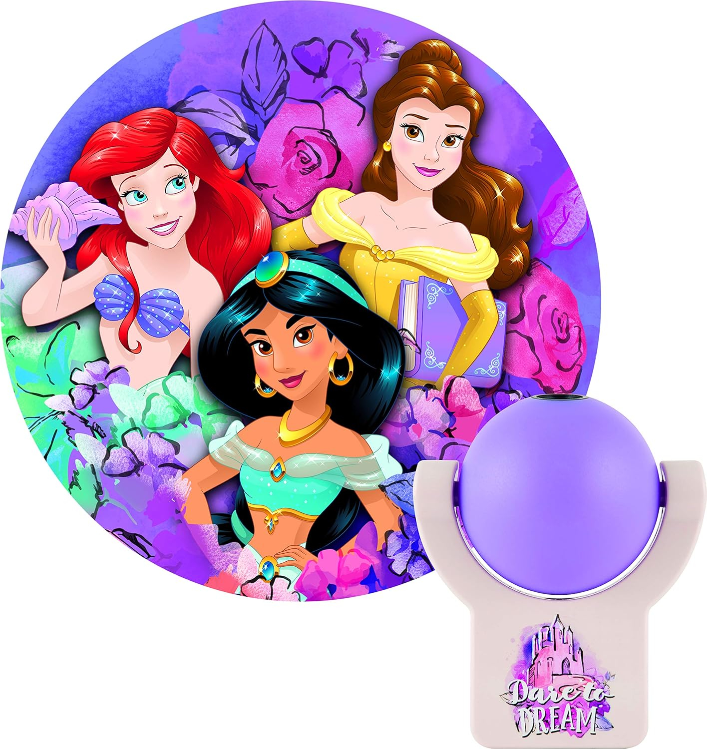 Projectables Disney Princess LED Night Light Plug-in, Dusk-to-Dawn, Ariel, Belle, and Jasmine on Ceiling, Floor, or Wall, Ideal for Girls Room, Nursery, Playroom, Bathroom, Bedroom, 13230, 1-Image