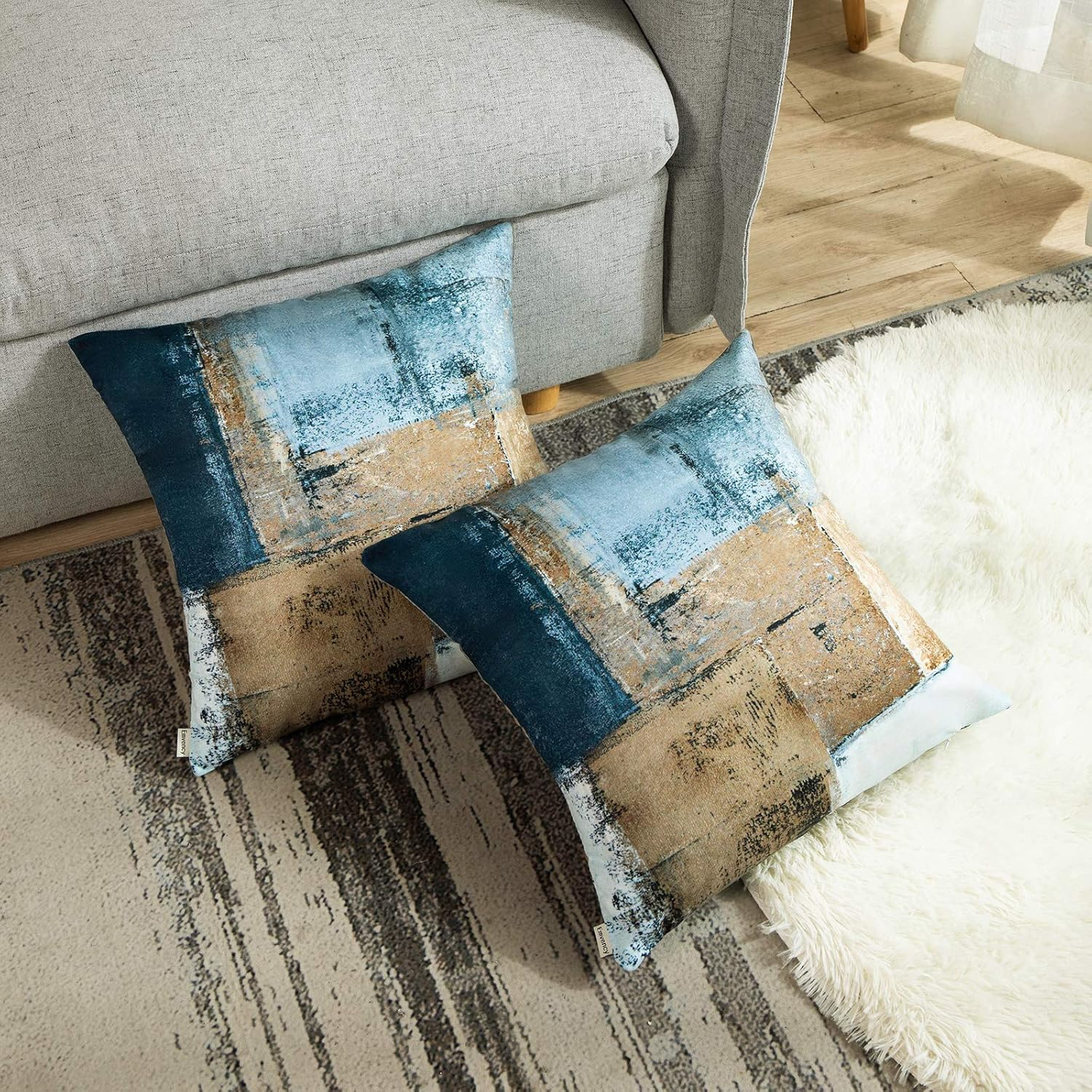 Britimes Throw Pillow Covers Modern Home Art Decor, 18 x 18 Inches Set of 2 Pillow Cases Decorative, Abstract Oil Painting Pillowcases for Bedroom, Living Room, Cushion Couch Sofa, Brown Blue