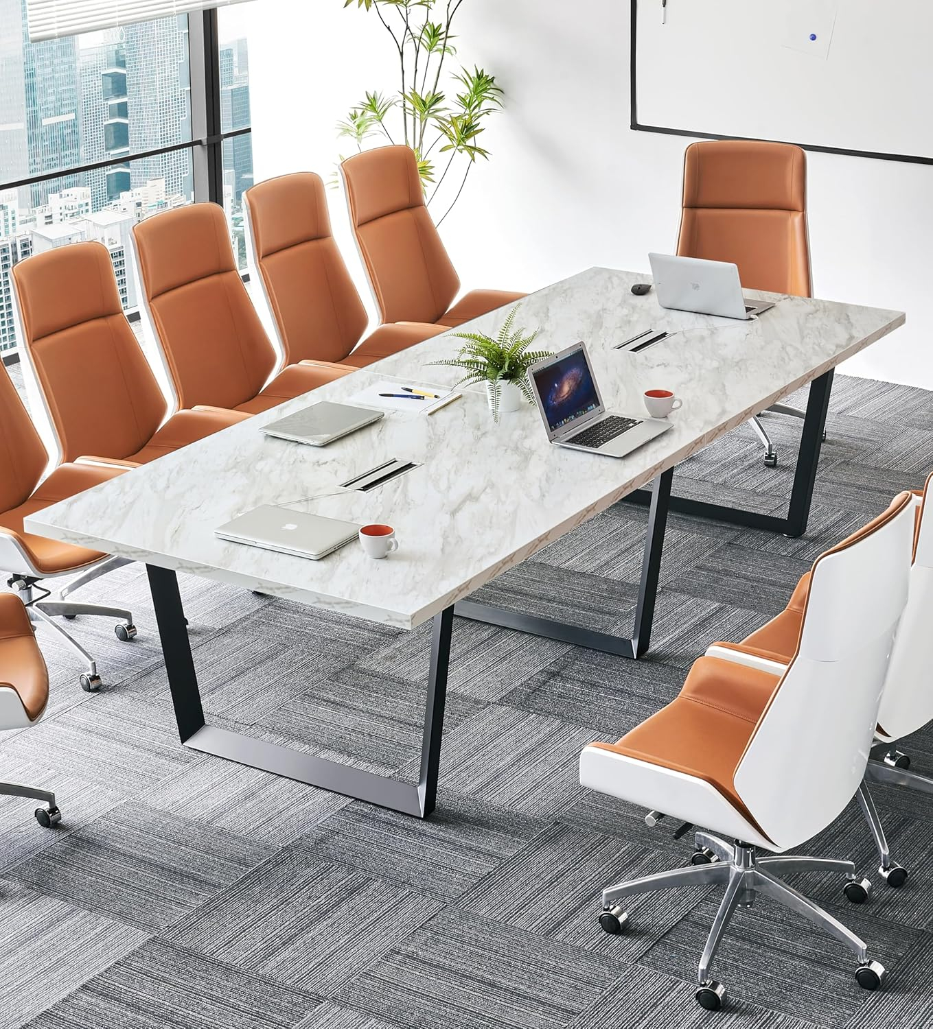 Sturdy Conference Table with Cable Management Grommets Modern Rectangle Office Meeting Table with Wood Tabletop and Metal Frame & Legs- Easy Assembly Boardroom Table (White Marble, 10 Foot)