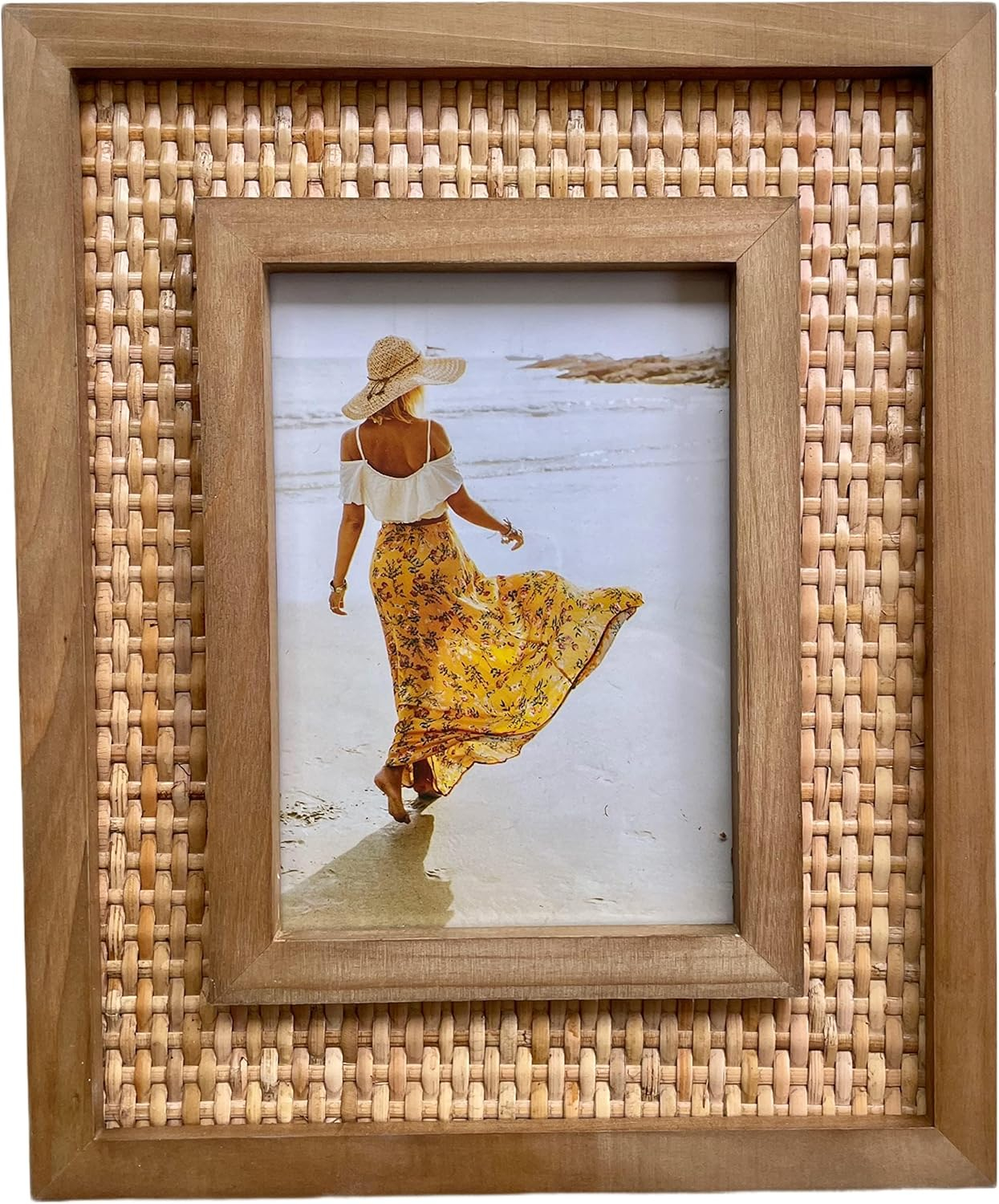 Rattan and Wood Picture Frame for 5x7 Inch Photos | Coastal or Boho Picture Frame | Tabletop Stand and Wall Mount | Single Display or Gallery Wall
