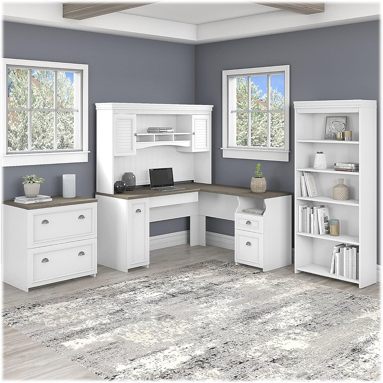 Fairview L Desk 4 Pc Set with Storage in White and Gray - Engineered Wood