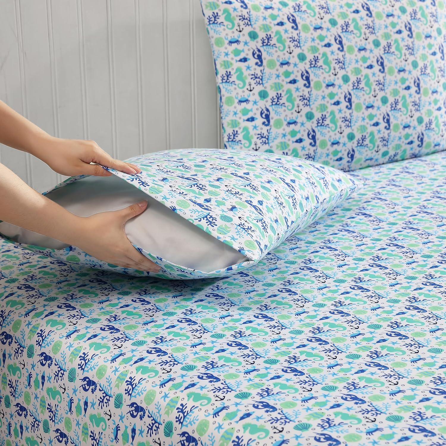 Coastal Print Microfiber Sheet Set, Full, Clearwater Aqua