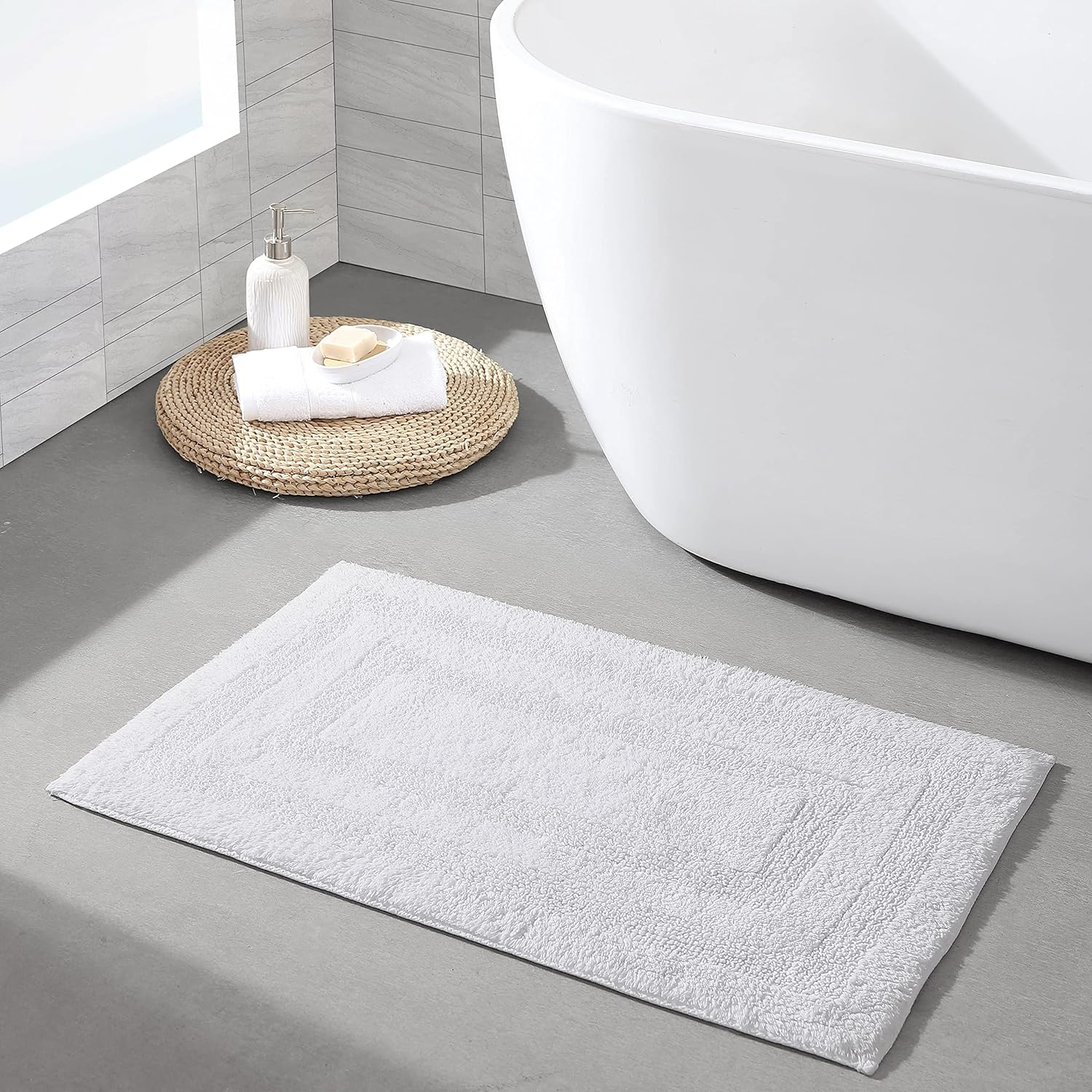Micellar White Solid Reversible Cotton Rectangle 2--Piece Bath Rug Set