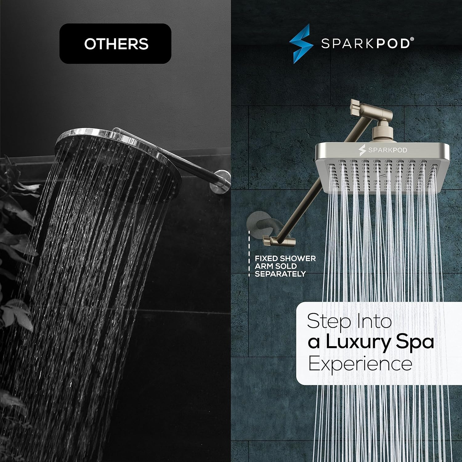 SparkPod Square Rain Shower Head with Shower Head Extension Arm - High Pressure Rain - Luxury Modern Look - No Hassle Tool-less 1-Min Installation (16" Shower Arm Extension, Elegant Brushed Nickel)