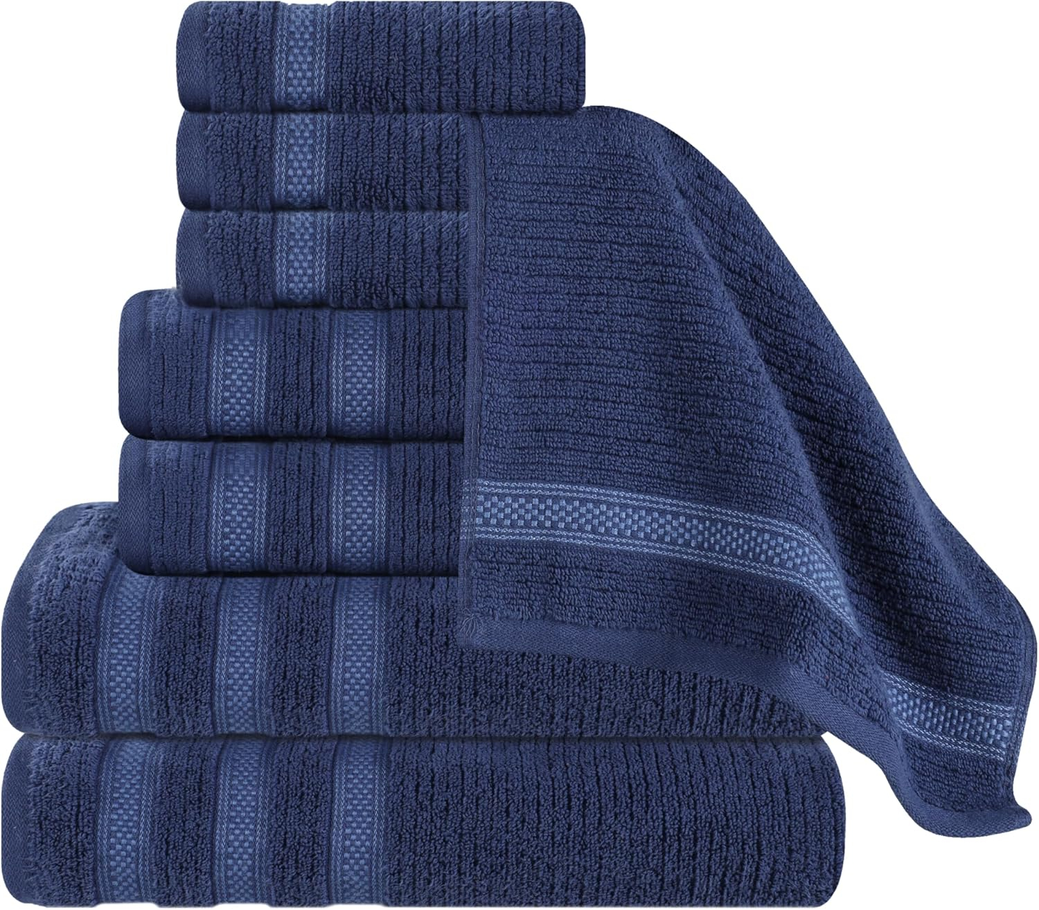 Superior Zero Twist Cotton Ribbed Geometric 8-Piece Towel Set, Navy Blue