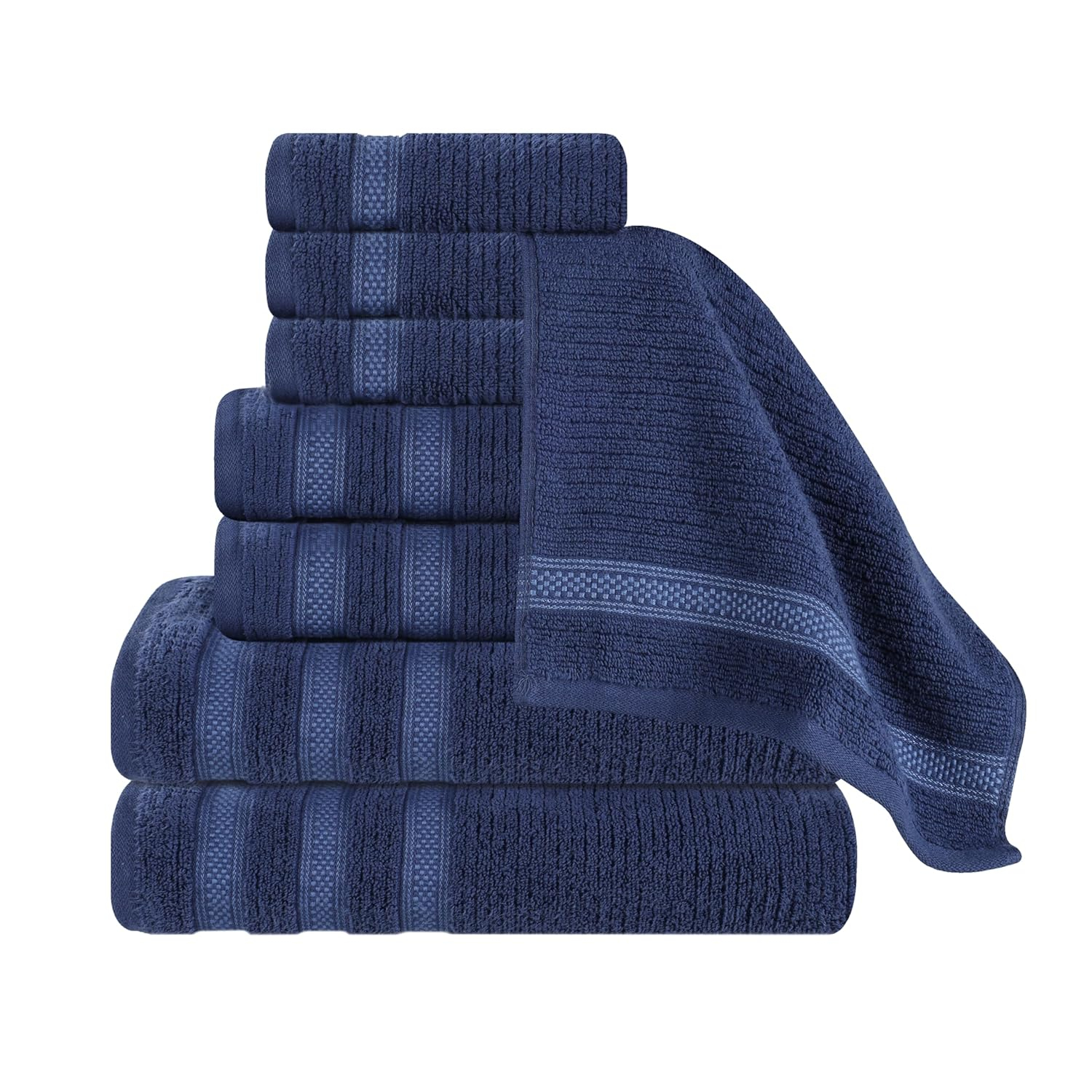Superior Zero Twist Cotton Ribbed Geometric 8-Piece Towel Set, Navy Blue