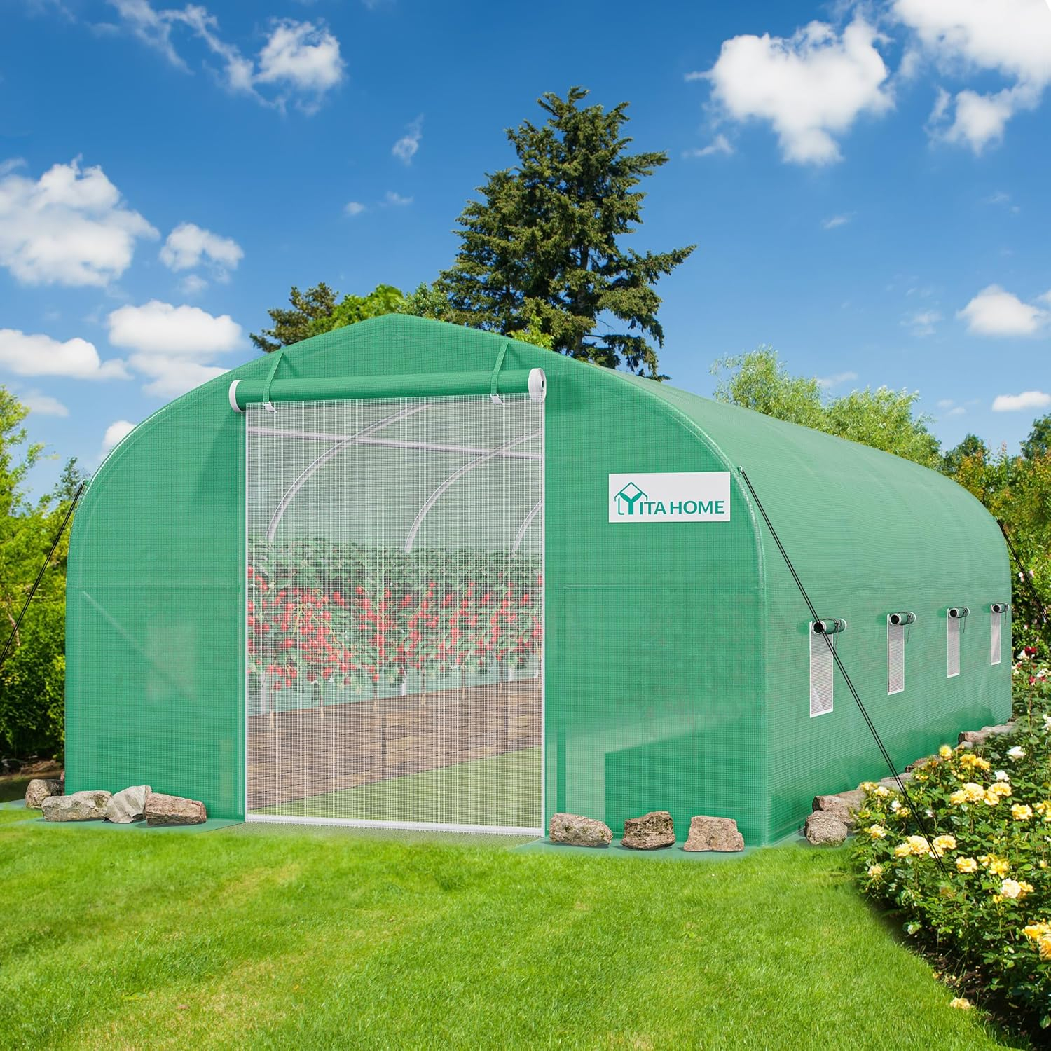 YITAHOME 20x10x6.5ft Greenhouse Large Heavy Duty Tunnel Green Houses Outdoor Plant Gardening Upgraded Galvanized Steel Frame Zipper Doors 7 Crossbars Garden, Green
