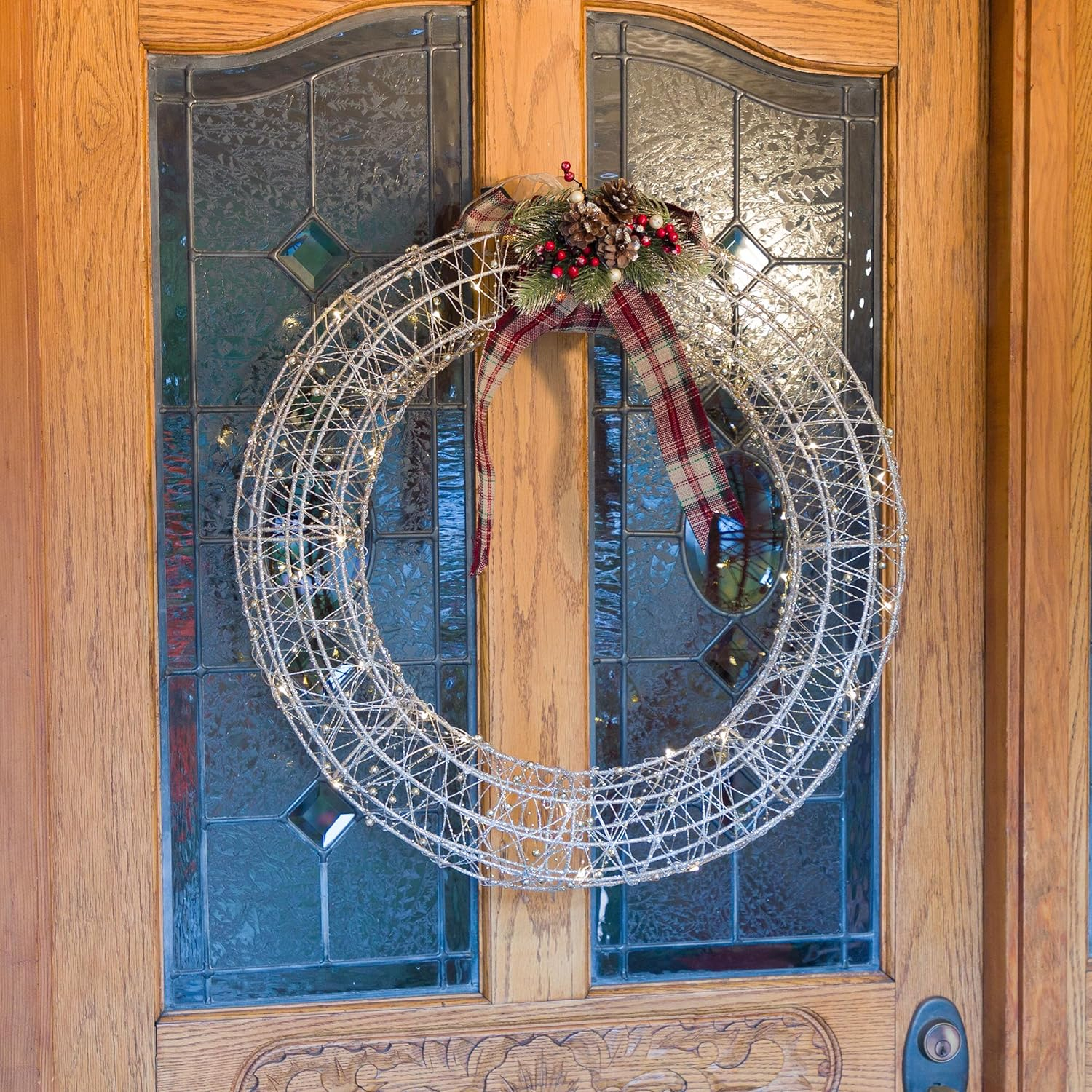 Hanging Christmas Wreath Decoration with Warm White LED Lights, Gold