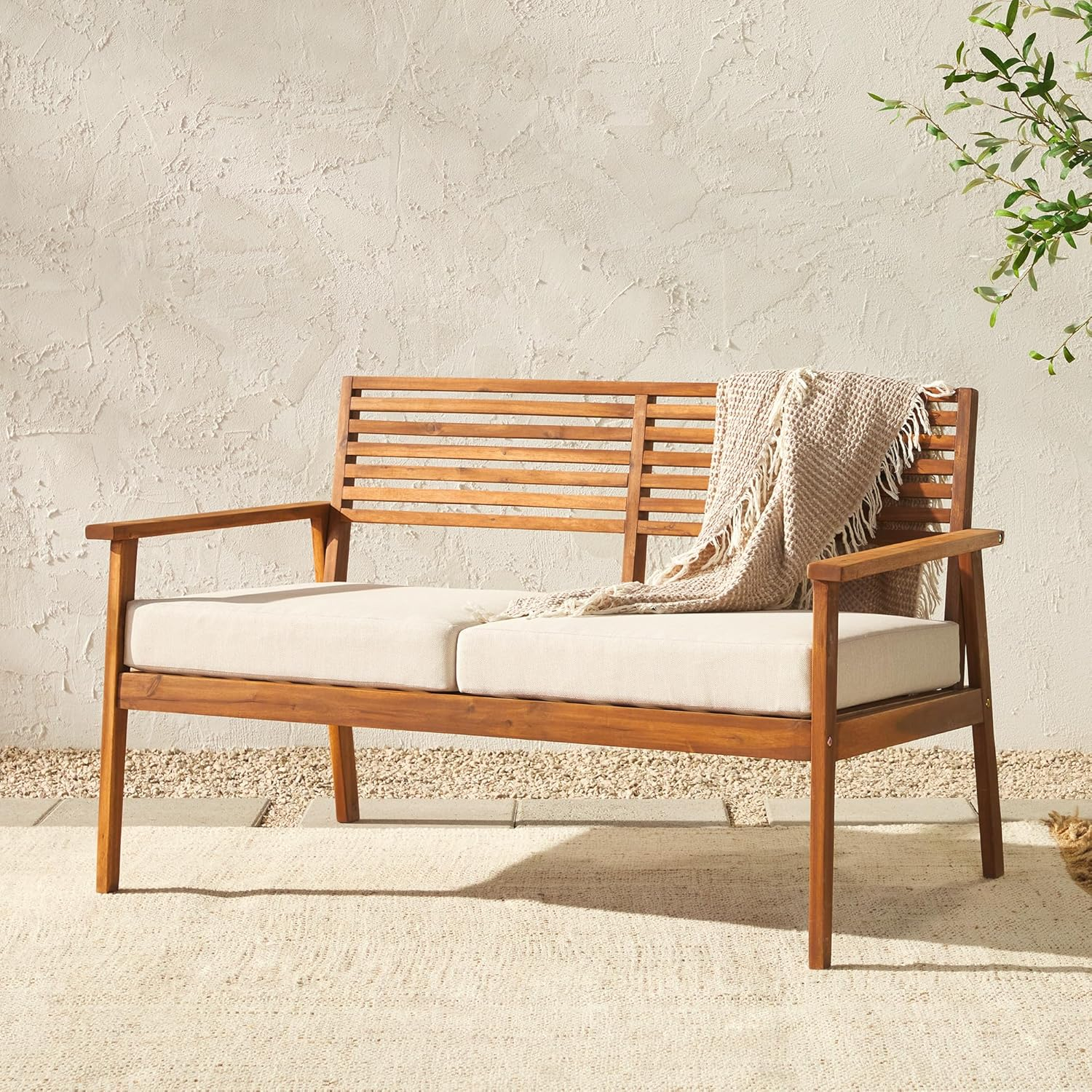 Modern Brown Solid Acacia Wood Outdoor Loveseat with Cushions