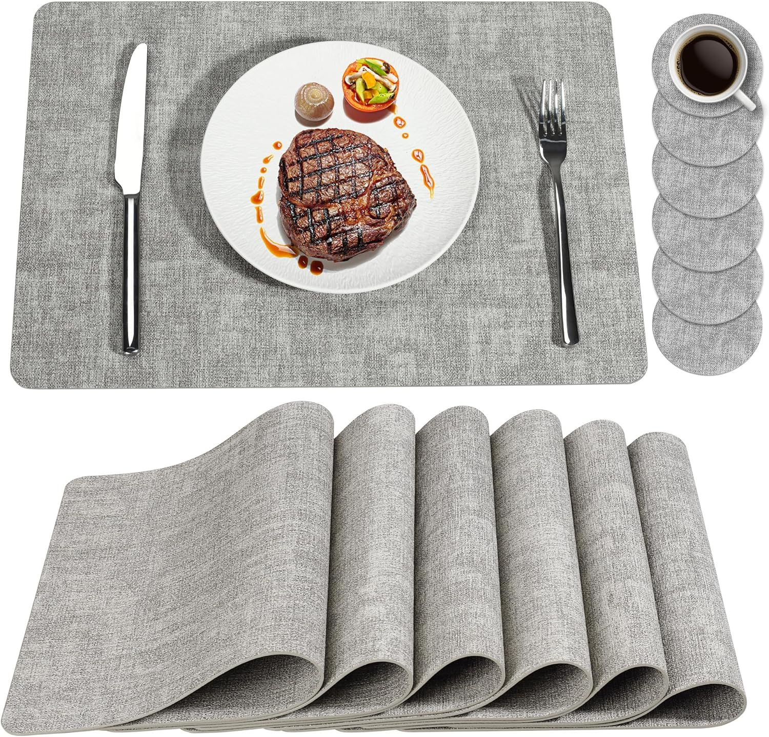 FOCUSLINE Faux Leather Placemats Set of 6, Light Grey Table Place Mats, Waterproof and Non-Slip Dining Table Mats for Indoor & Outdoor Use
