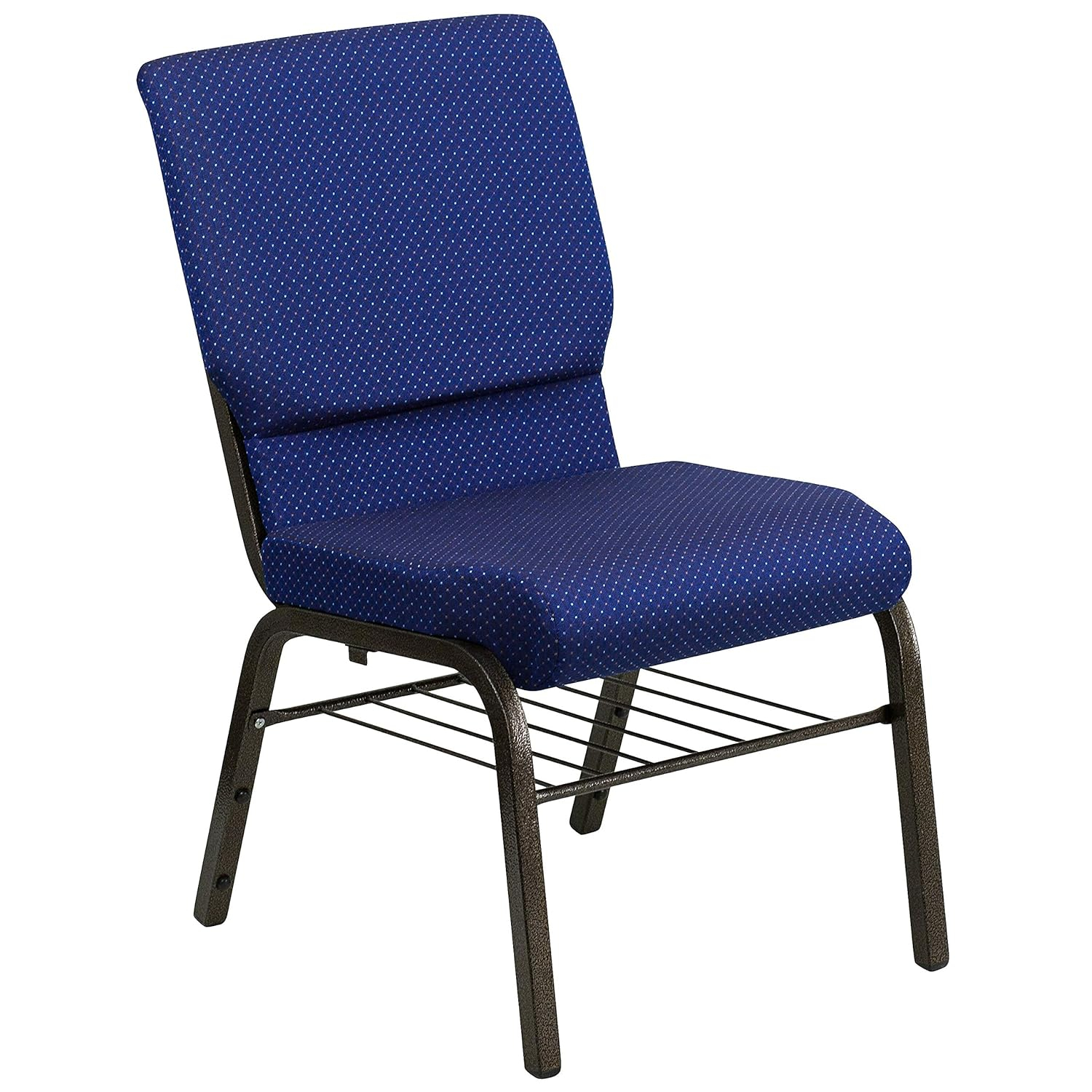 BizChair 18.5''W Church Chair in Navy Blue Patterned Fabric with Book Rack - Gold Vein Frame