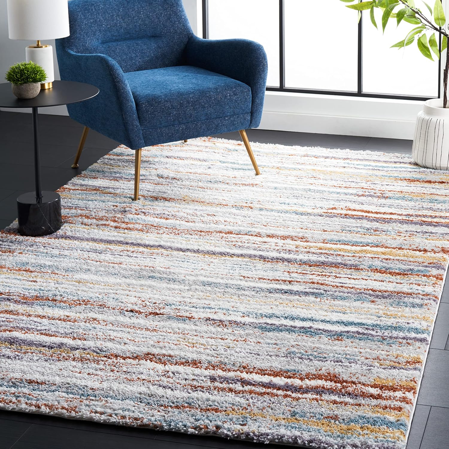 SAFAVIEH Berber Jaslyn Abstract Shag Area Rug, 3' x 5', Blue Rust/Ivory