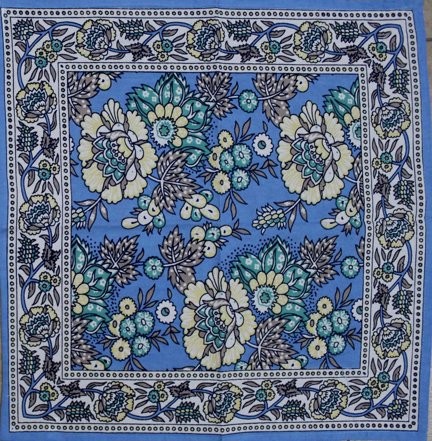 India Arts French Country Floral Print Napkin Square Cotton Table Linen Beach Sheet Beach Throw (Blue, Napkin 18 x 18 inches)