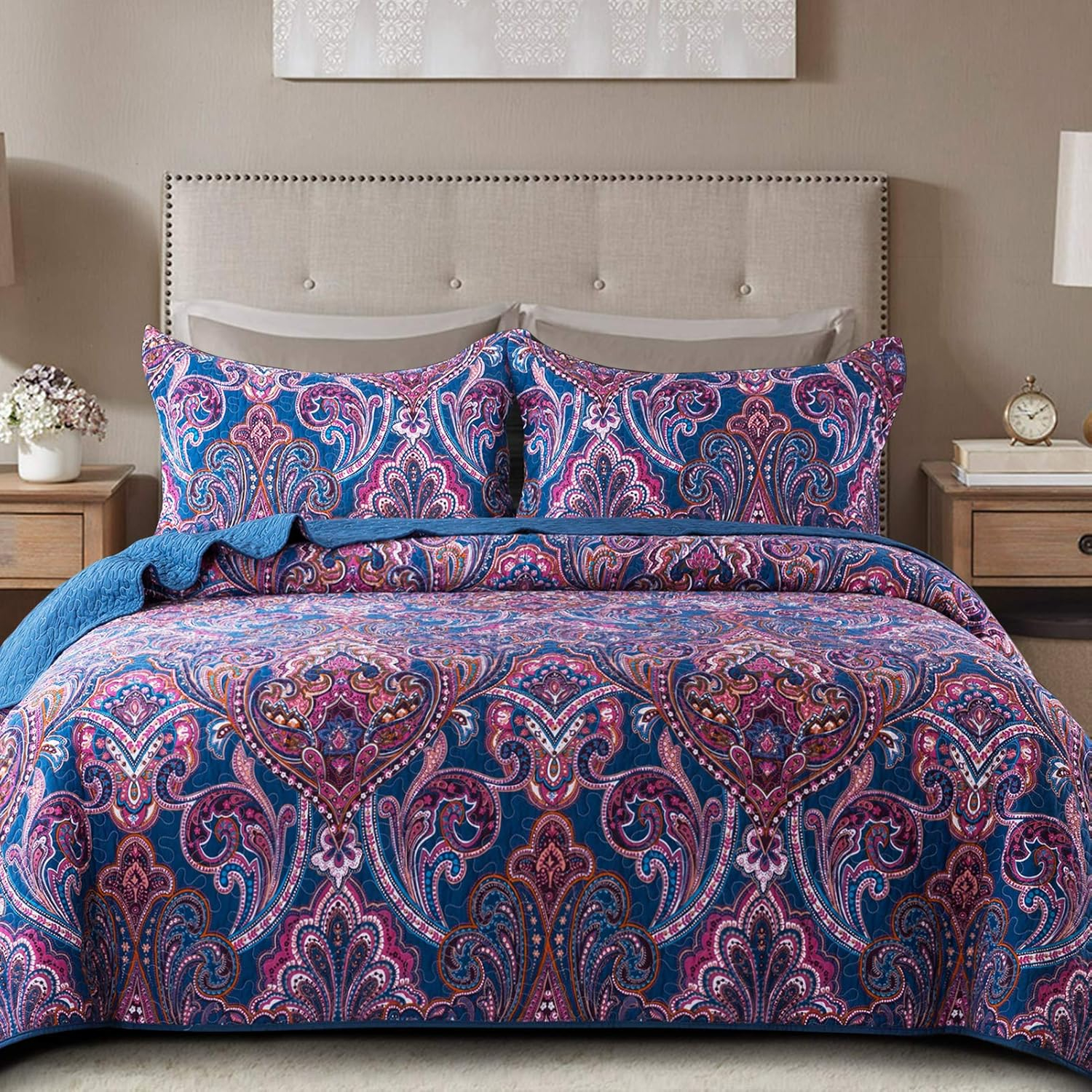 NEWLAKE Cotton Bedspread King Quilt Sets, Purple Classic Floral Pattern