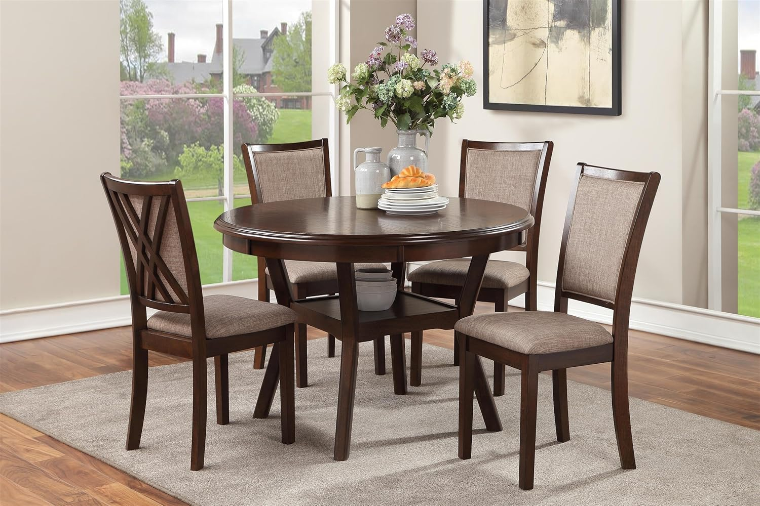 New Classic Furniture Amy 5-Piece Wood Round Dining Set, 1 Dining Table And 4 Chairs, 47 Inch, Brown Cherry