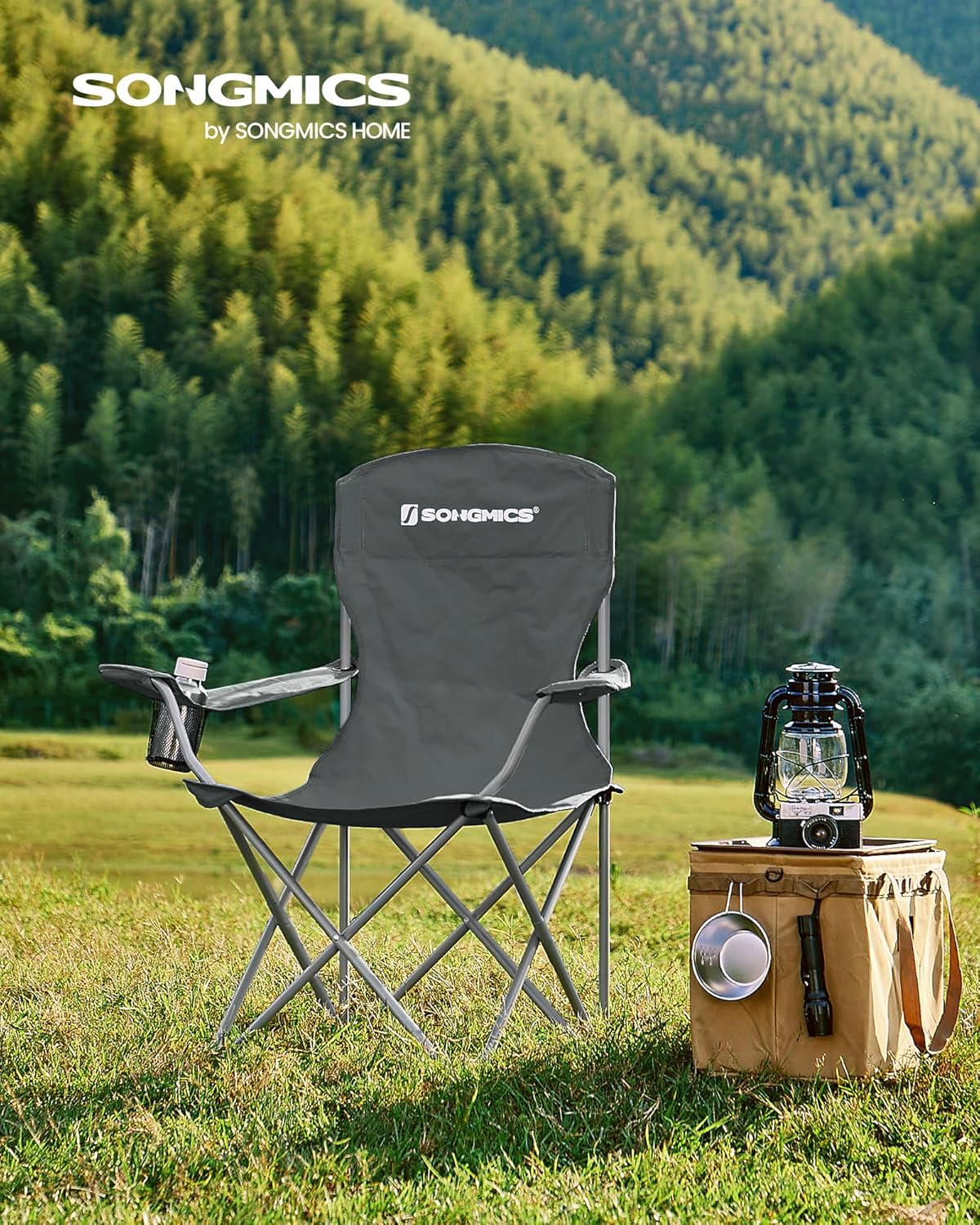 SONGMICS Set of 2 Folding Camping Chairs, Comfortable, Heavy Duty Structure, Max. Load Capacity 330 lb, Outdoor Chair with Cup Holder, for Camping, Garden, Fishing, Terrace