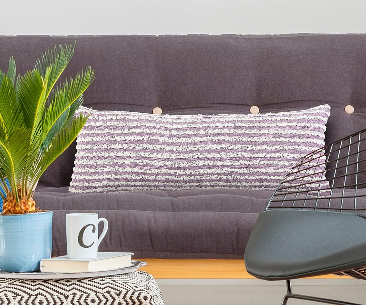 Ox Bay 14" x 36" Hand-stitched Purple/ White Stripe Organic Cotton Pillow Cover