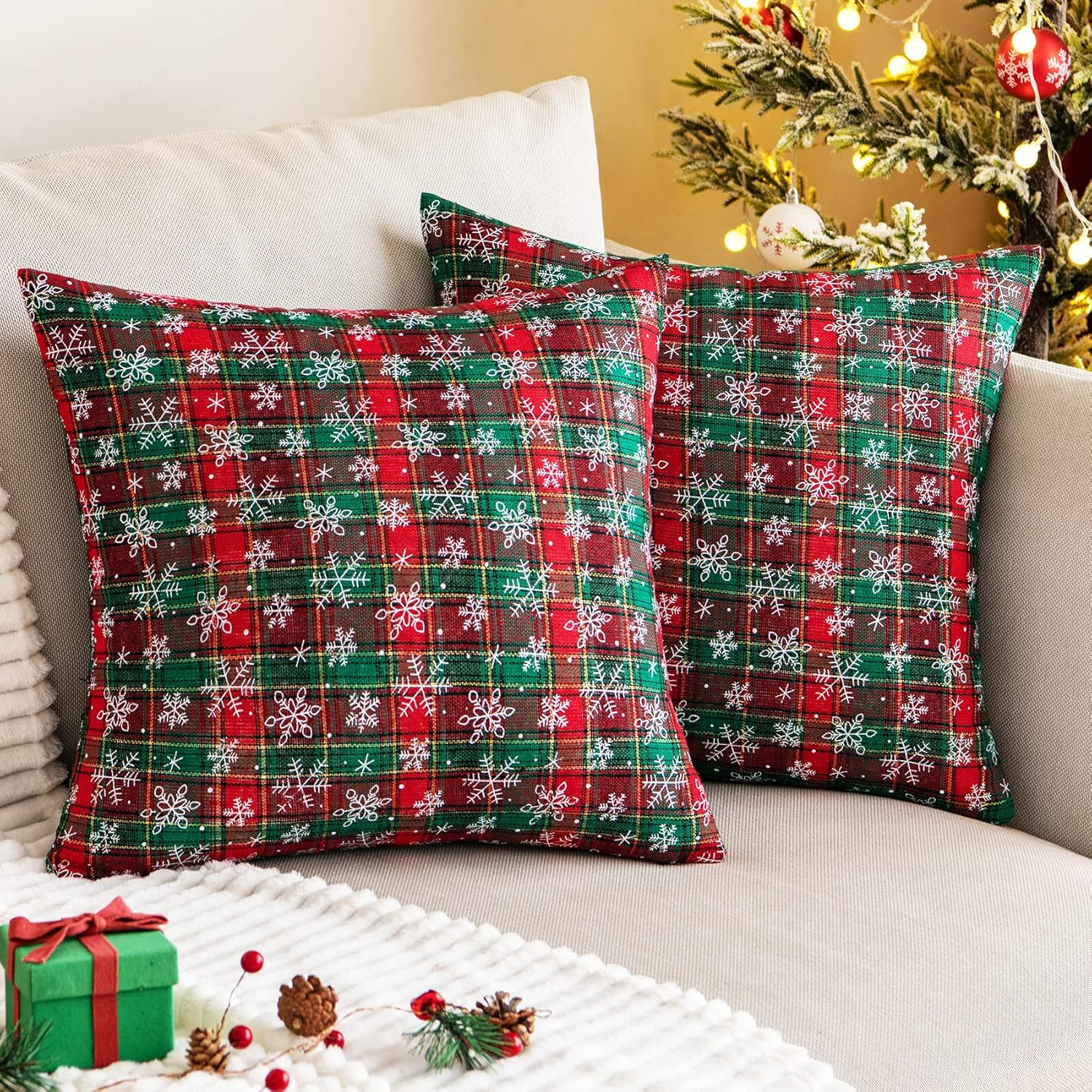 Red and Beige Tartan Plaid Snowflake 18" Polyester Euro Pillow Covers