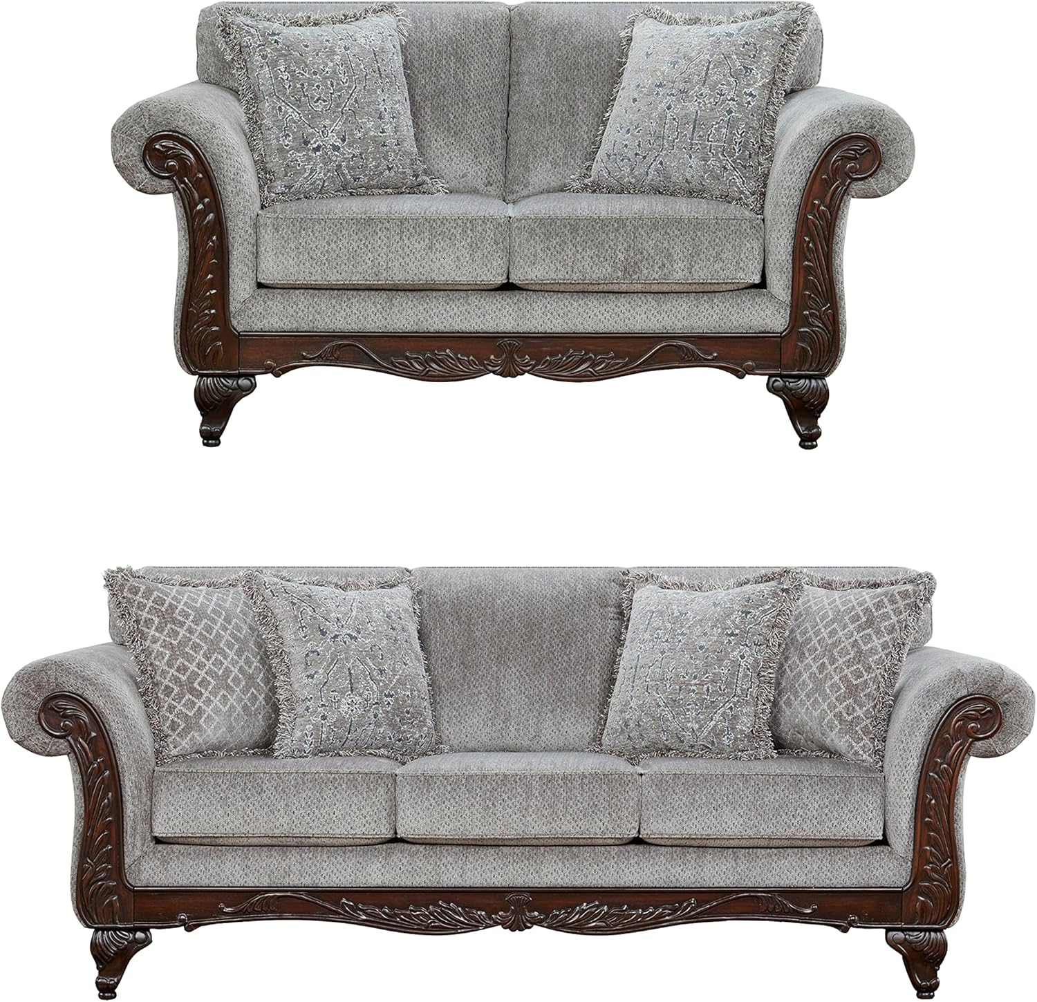 Roundhill Furniture Hernen Carved Wood Frame Polyester Sofa and Loveseat Set, Gray