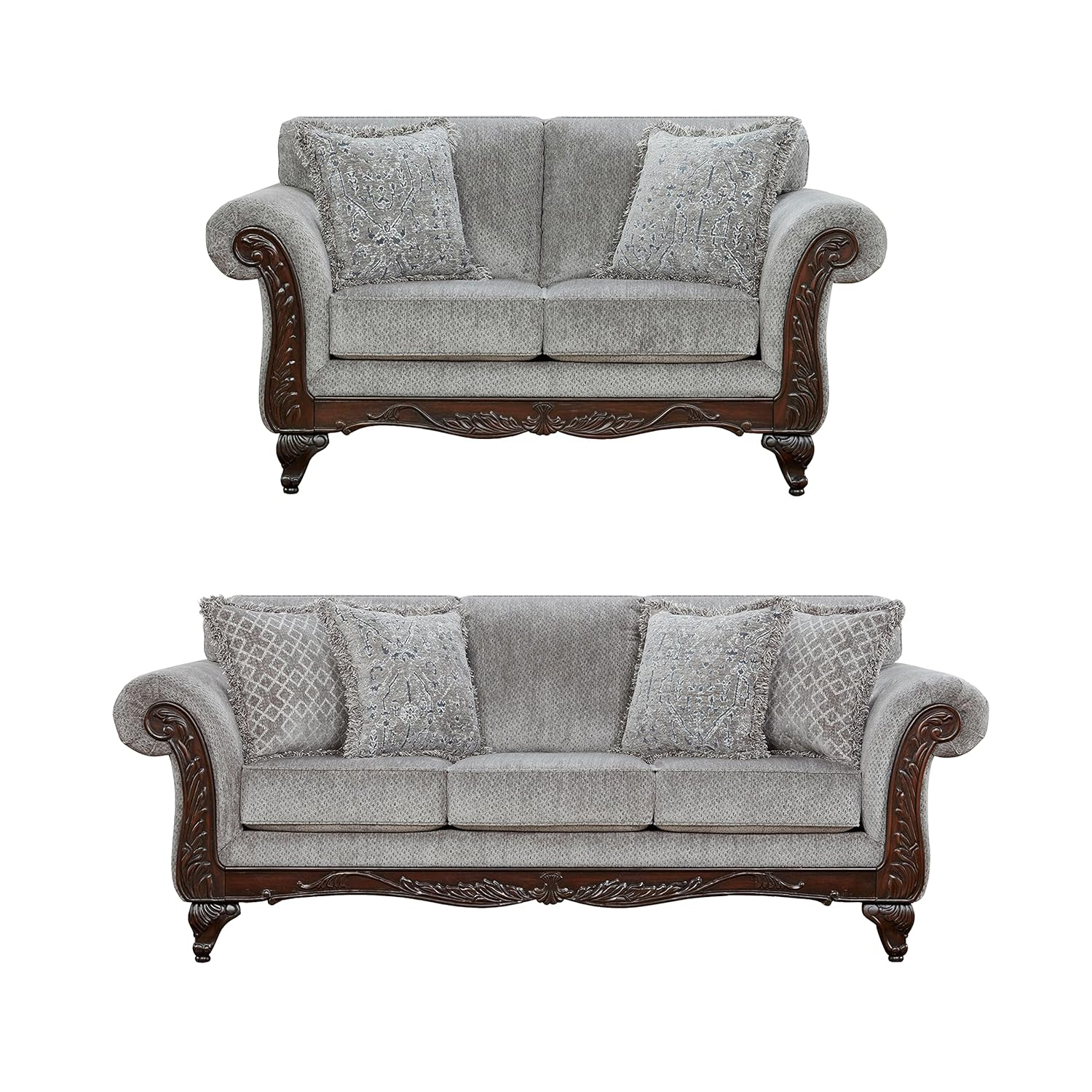Roundhill Furniture Hernen Carved Wood Frame Polyester Sofa and Loveseat Set, Gray